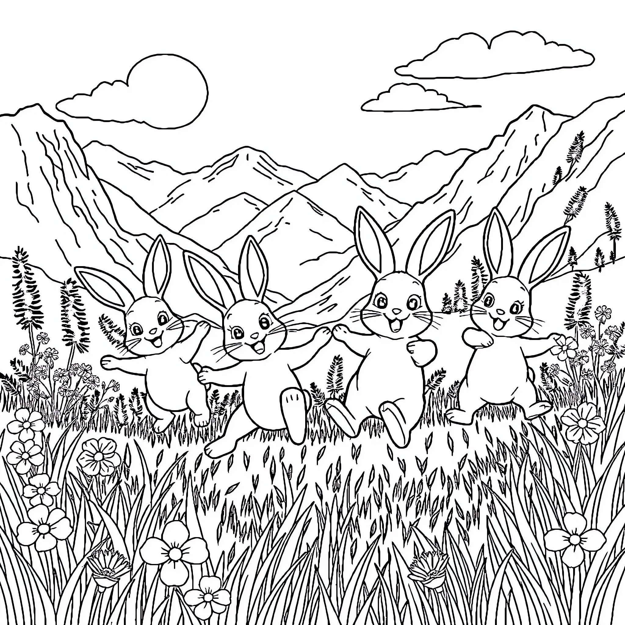 Bunny Buddies Frolicking in the Meadow Coloring Page (free black-and-white line drawing printable PDF for all, from beginners to advanced learners, including children, teens, adults, and seniors)