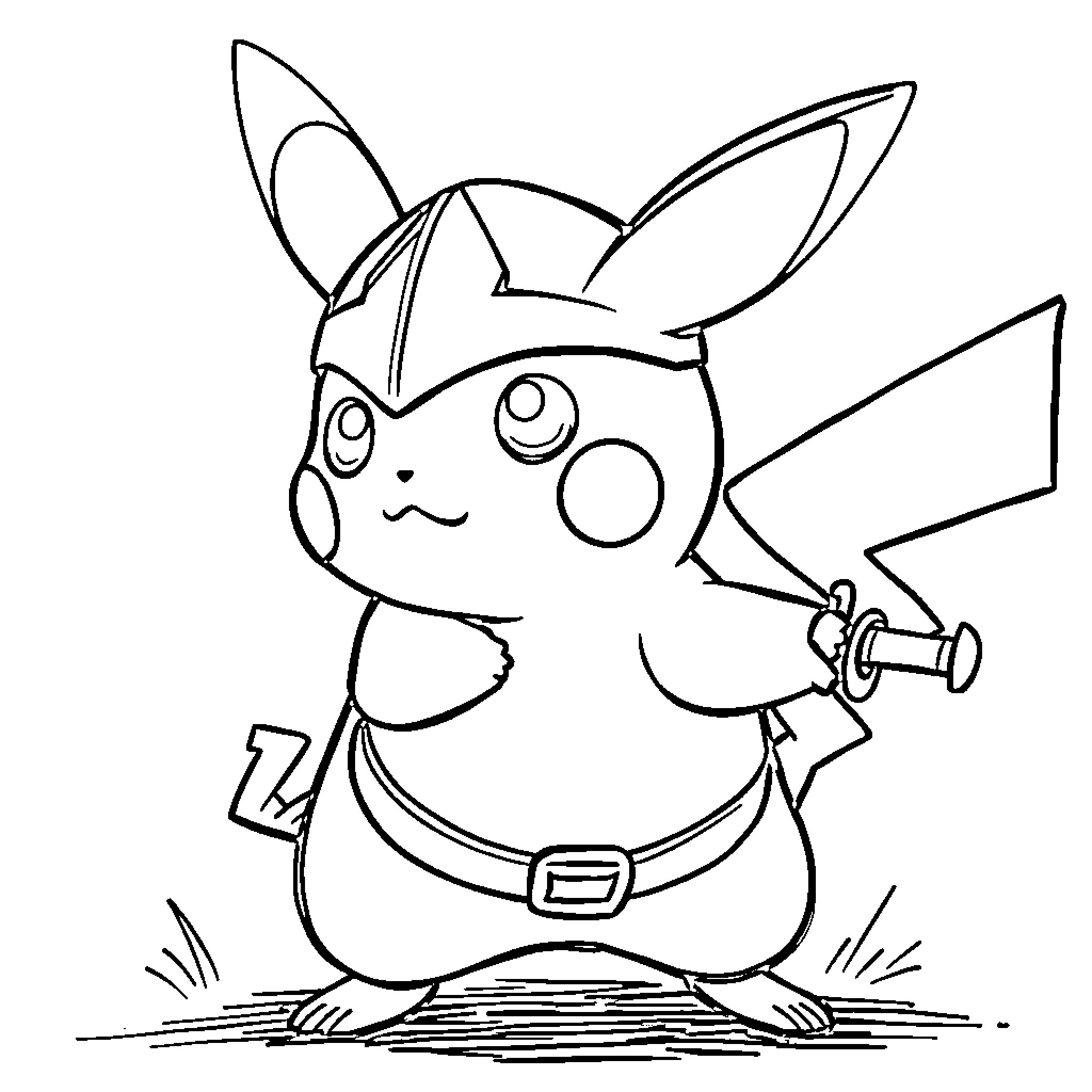 Pikachu holding a sword in a battle stance Coloring Page (free black-and-white line drawing printable PDF for all, from beginners to advanced learners, including children, teens, adults, and seniors)
