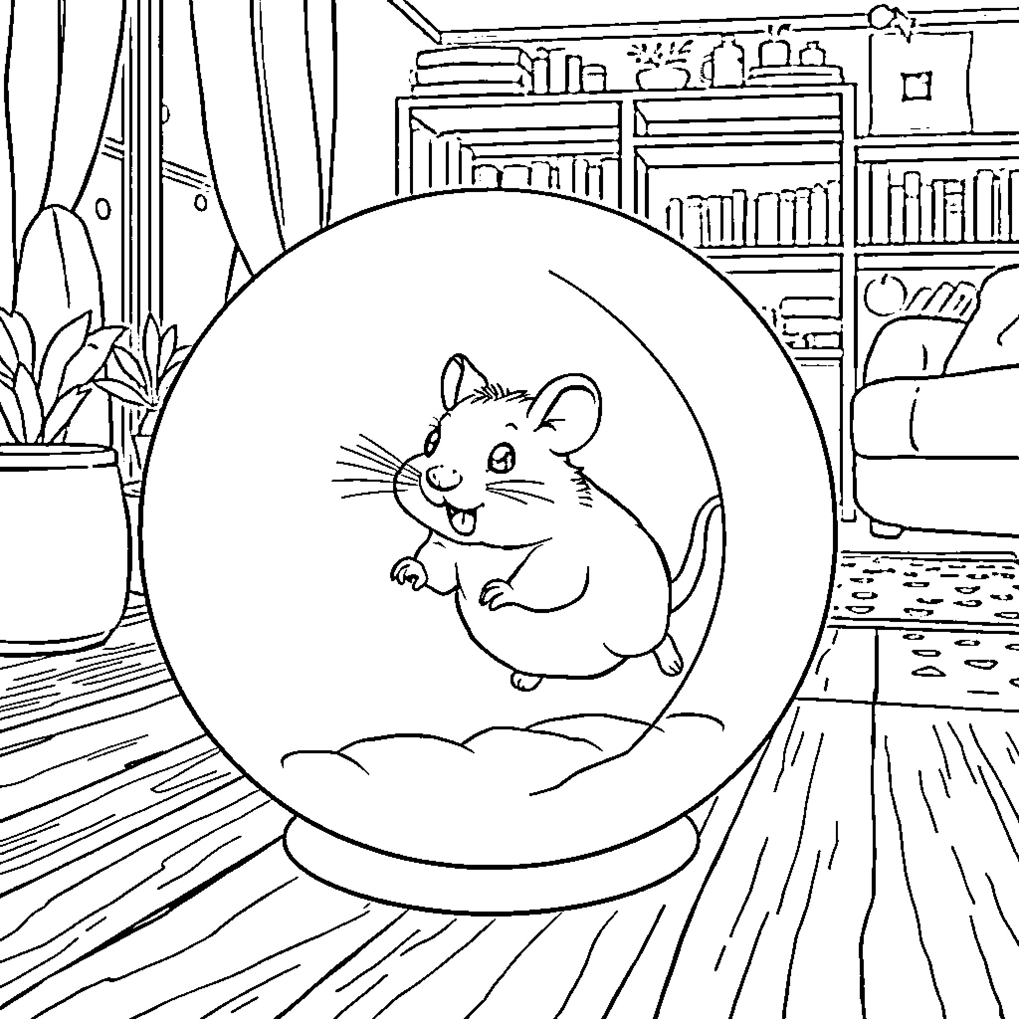 Hamster in a cozy glass dome Coloring Page (free black-and-white line drawing printable PDF for all, from beginners to advanced learners, including children, teens, adults, and seniors)