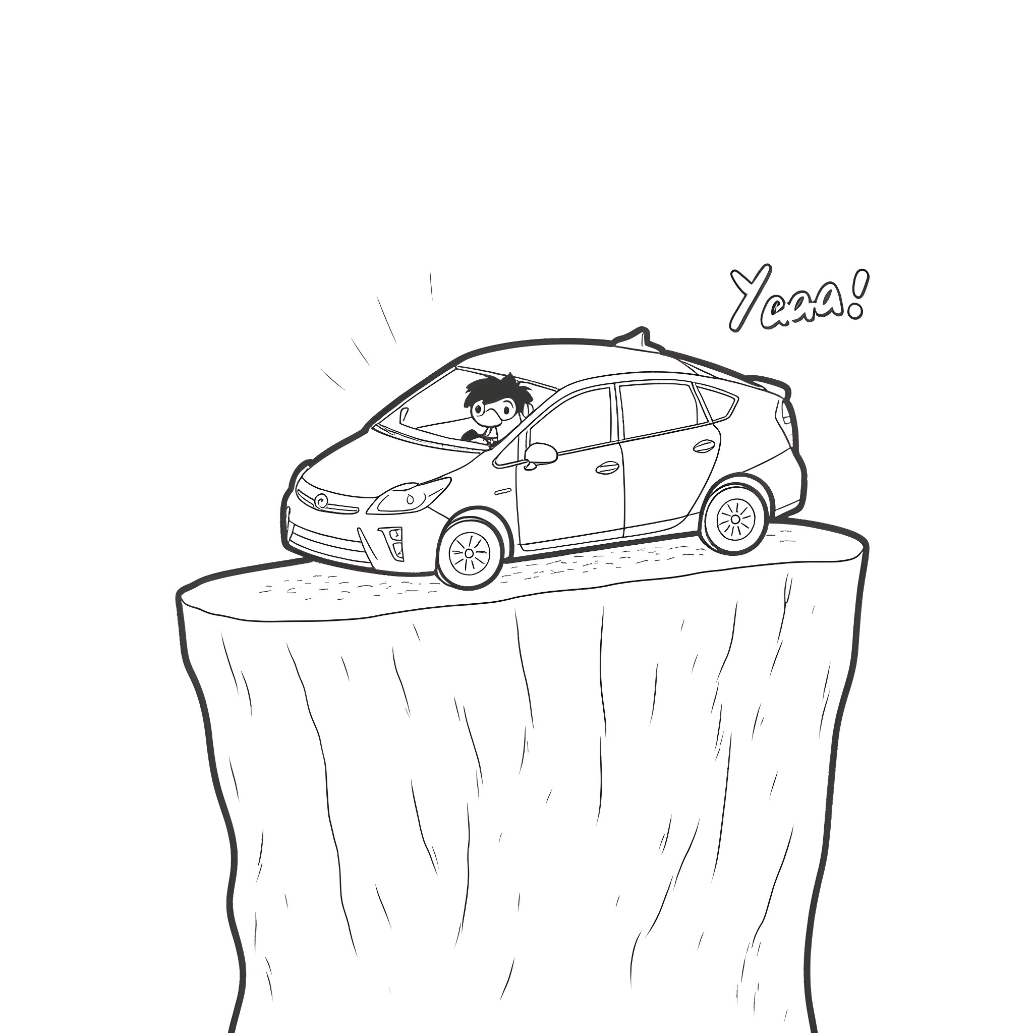Prius driver excitedly exclaims 'Yay!' on cliff edge Coloring Page (free black-and-white line drawing printable PDF for all, from beginners to advanced learners, including children, teens, adults, and seniors)