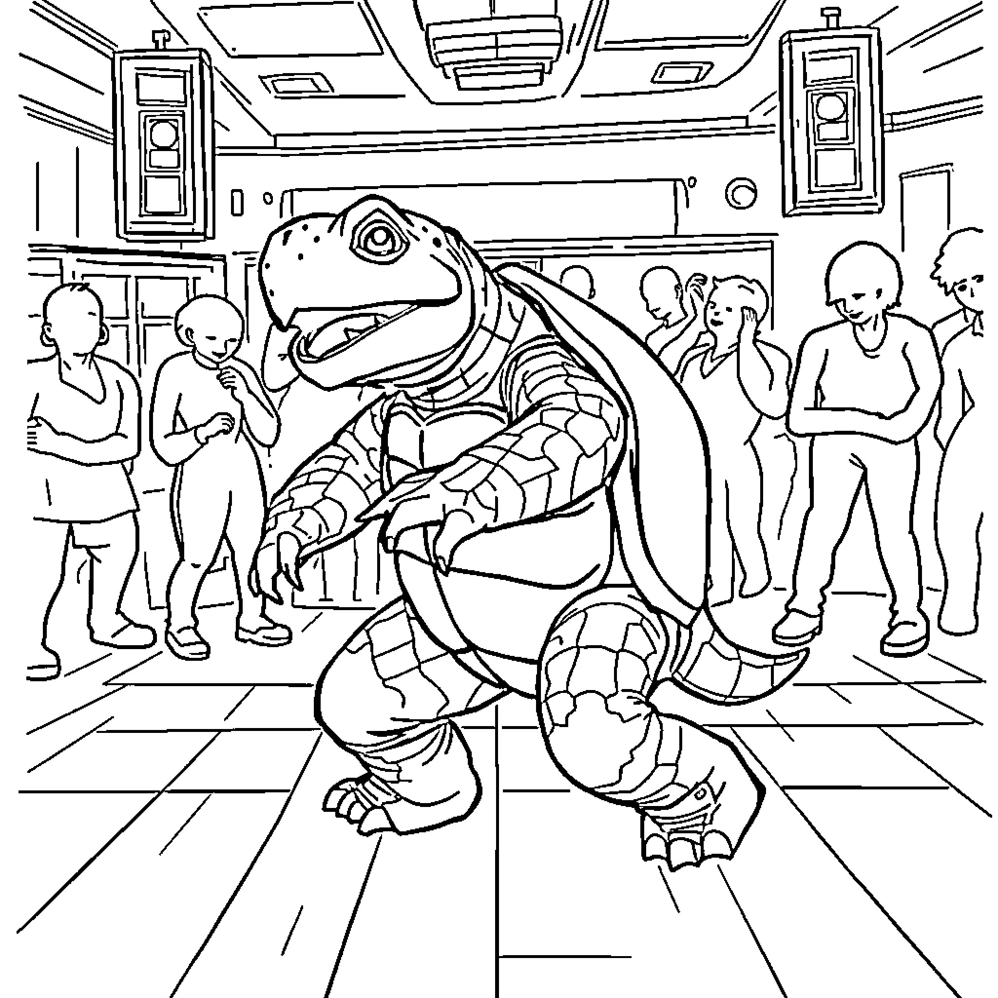 Blastoise confronting bystanders in a room Coloring Page (free black-and-white line drawing printable PDF for all, from beginners to advanced learners, including children, teens, adults, and seniors)