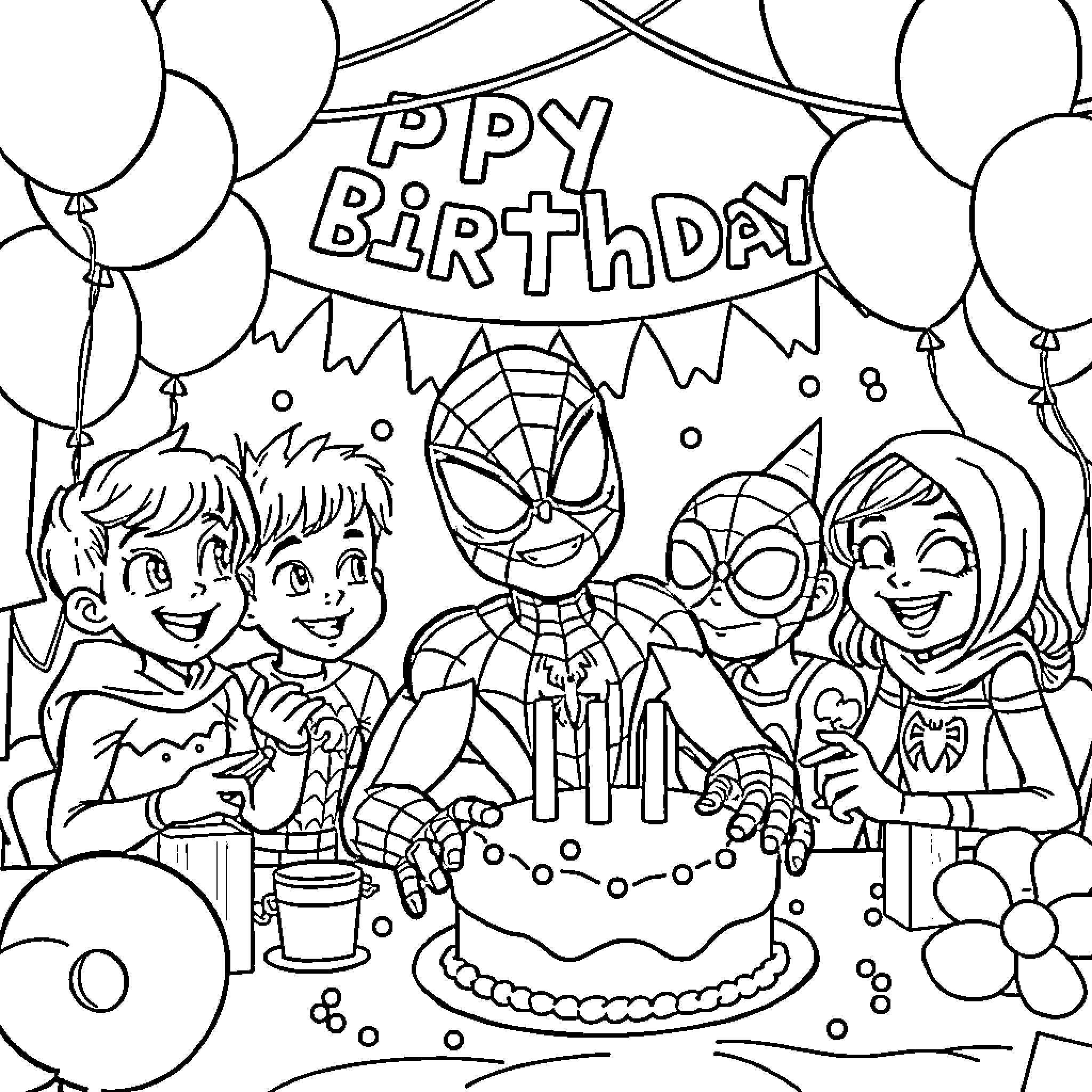 Spidey's Colorful Birthday Celebration Coloring Page (free black-and-white line drawing printable PDF for all, from beginners to advanced learners, including children, teens, adults, and seniors)