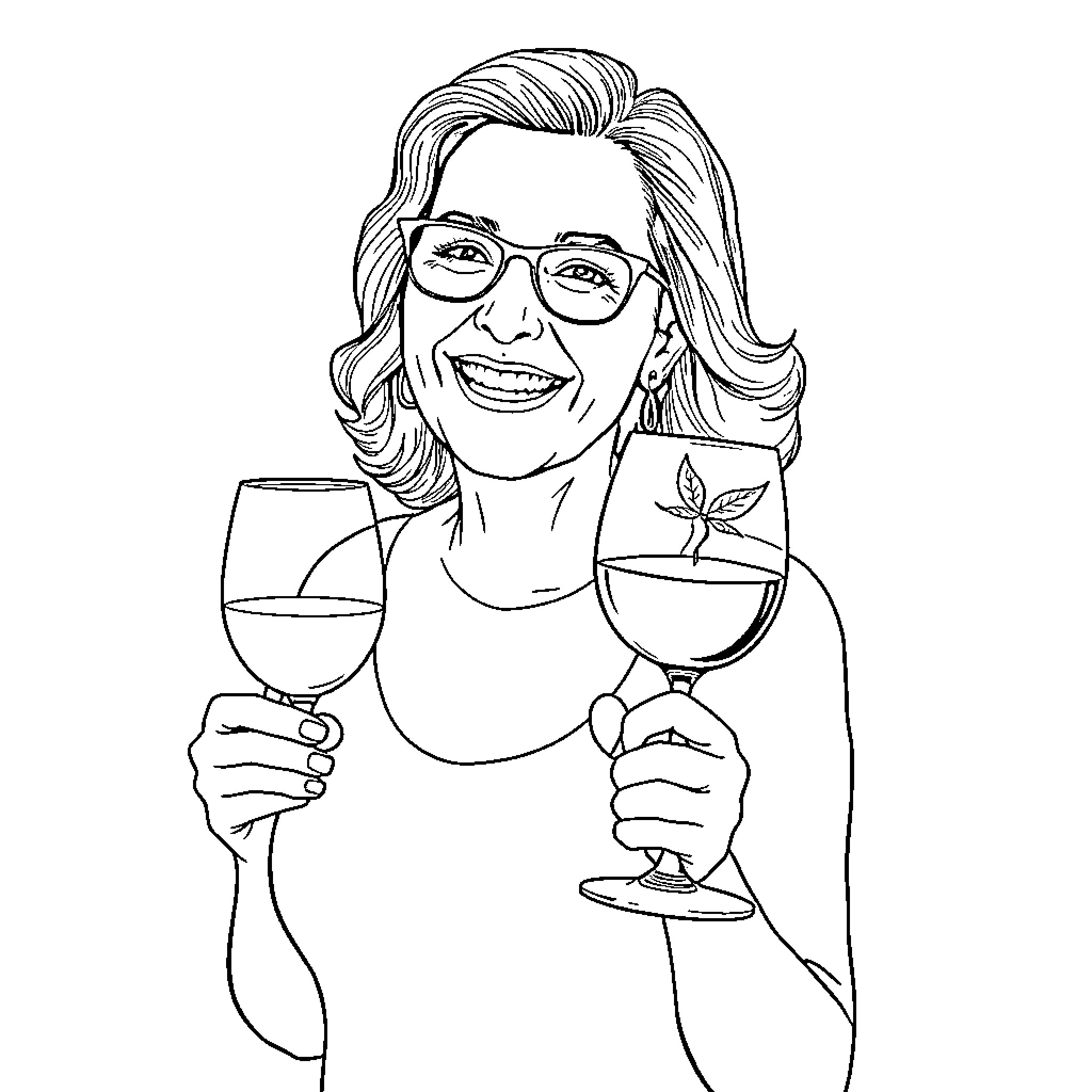 Linda enjoying a glass of wine Coloring Page (free black-and-white line drawing printable PDF for all, from beginners to advanced learners, including children, teens, adults, and seniors)