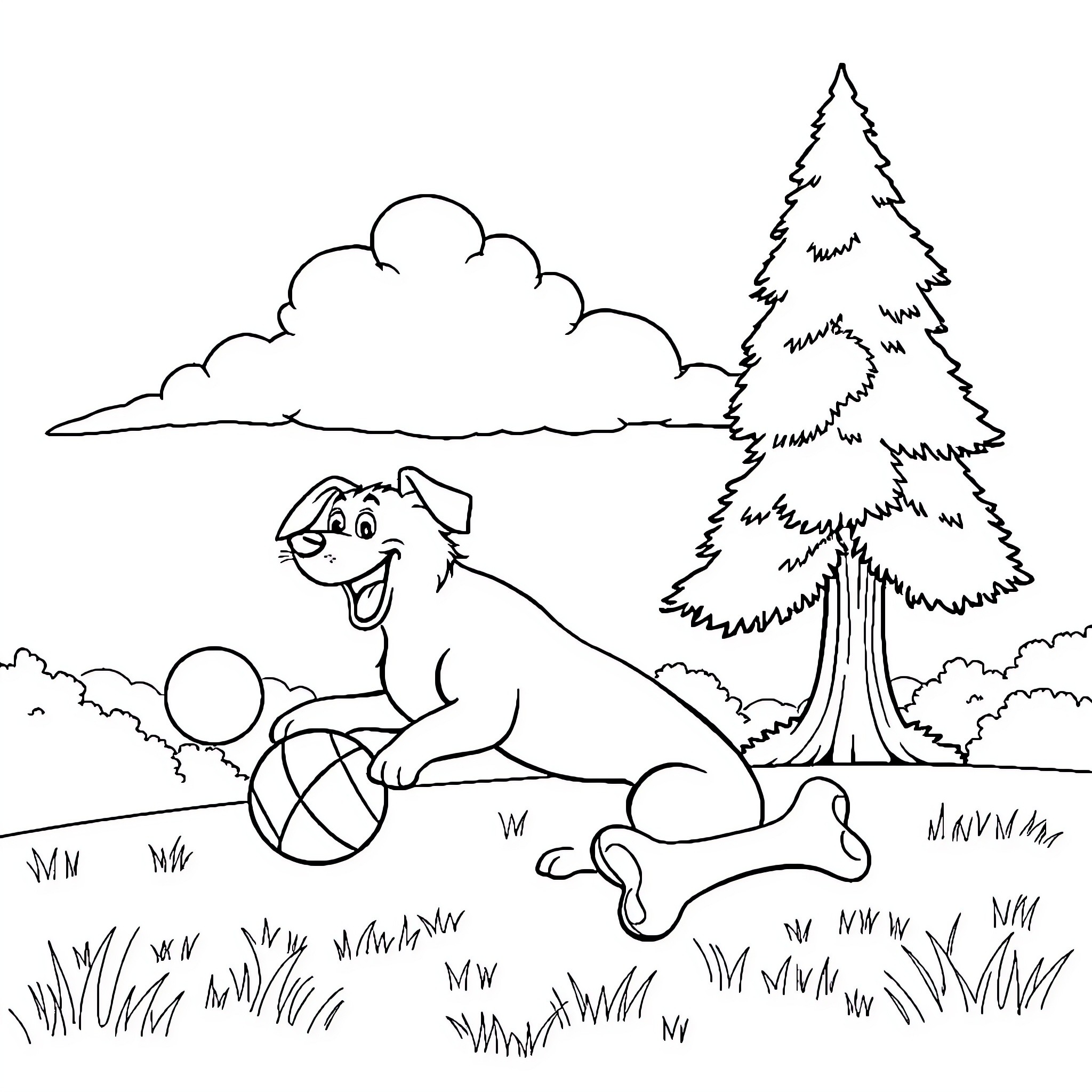 Dog playing joyfully with ball in park Coloring Page (free black-and-white line drawing printable PDF for all, from beginners to advanced learners, including children, teens, adults, and seniors)