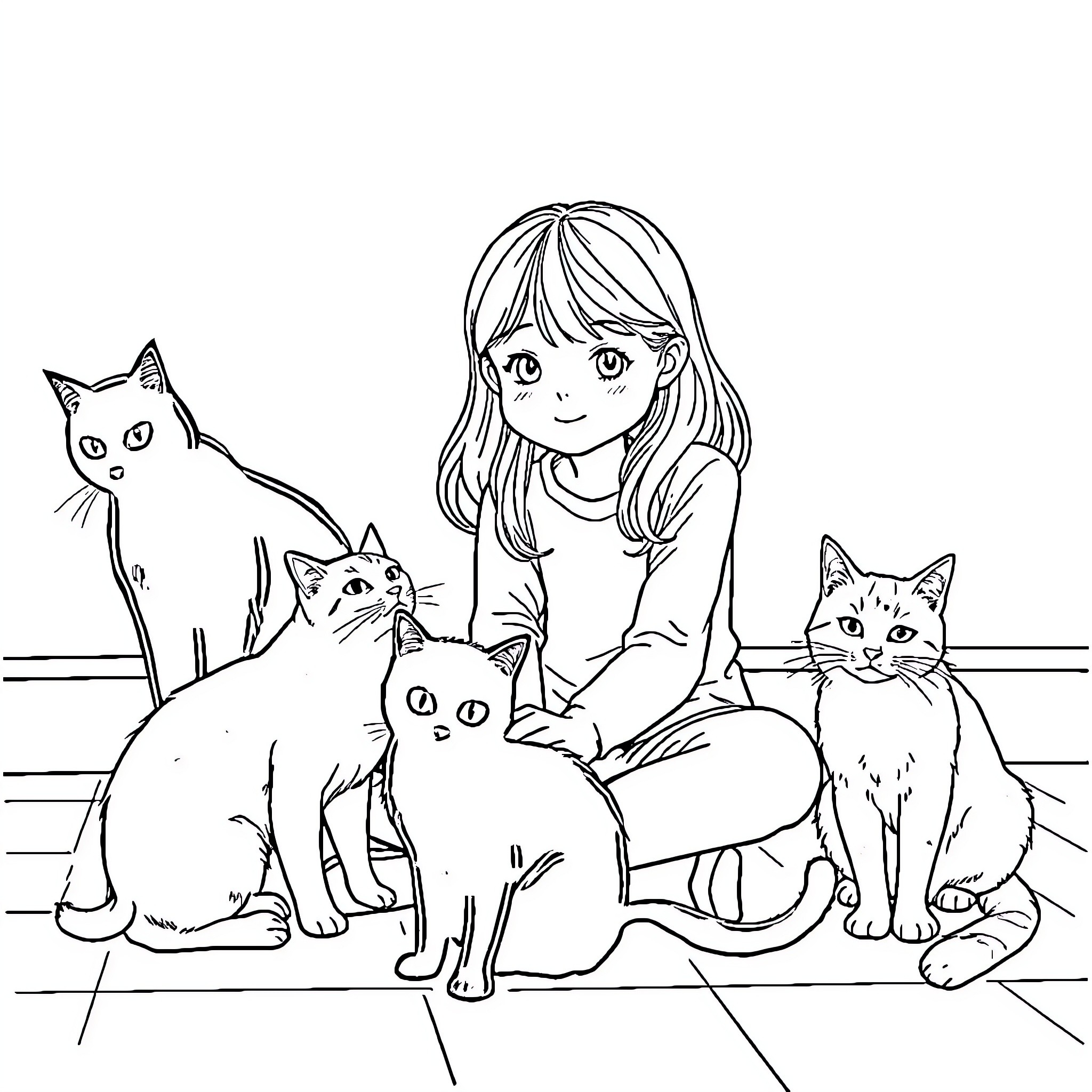Girl playing with group of adorable cats Coloring Page (free black-and-white line drawing printable PDF for all, from beginners to advanced learners, including children, teens, adults, and seniors)
