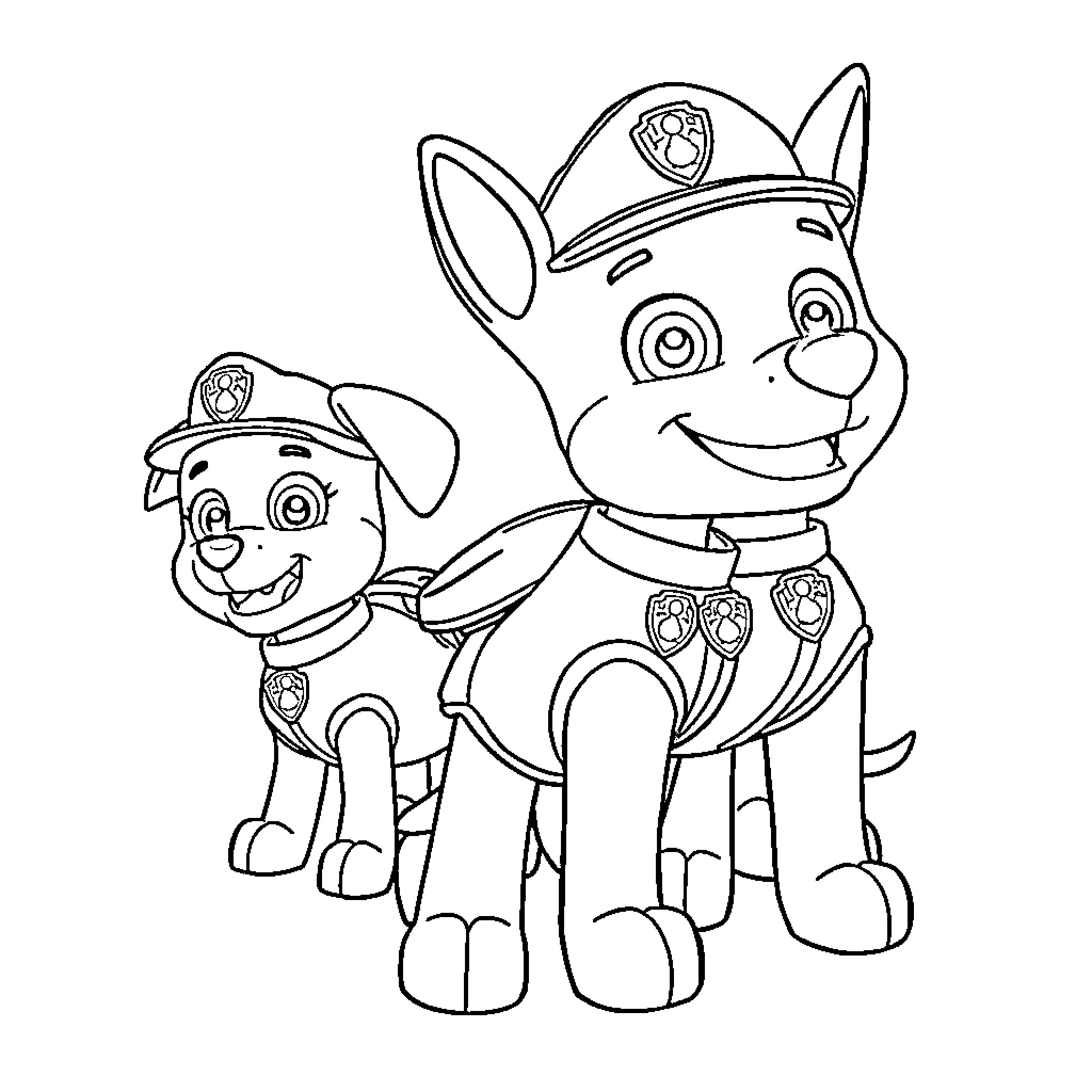 Paw Patrol dogs in uniform posing happily Coloring Page (free black-and-white line drawing printable PDF for all, from beginners to advanced learners, including children, teens, adults, and seniors)