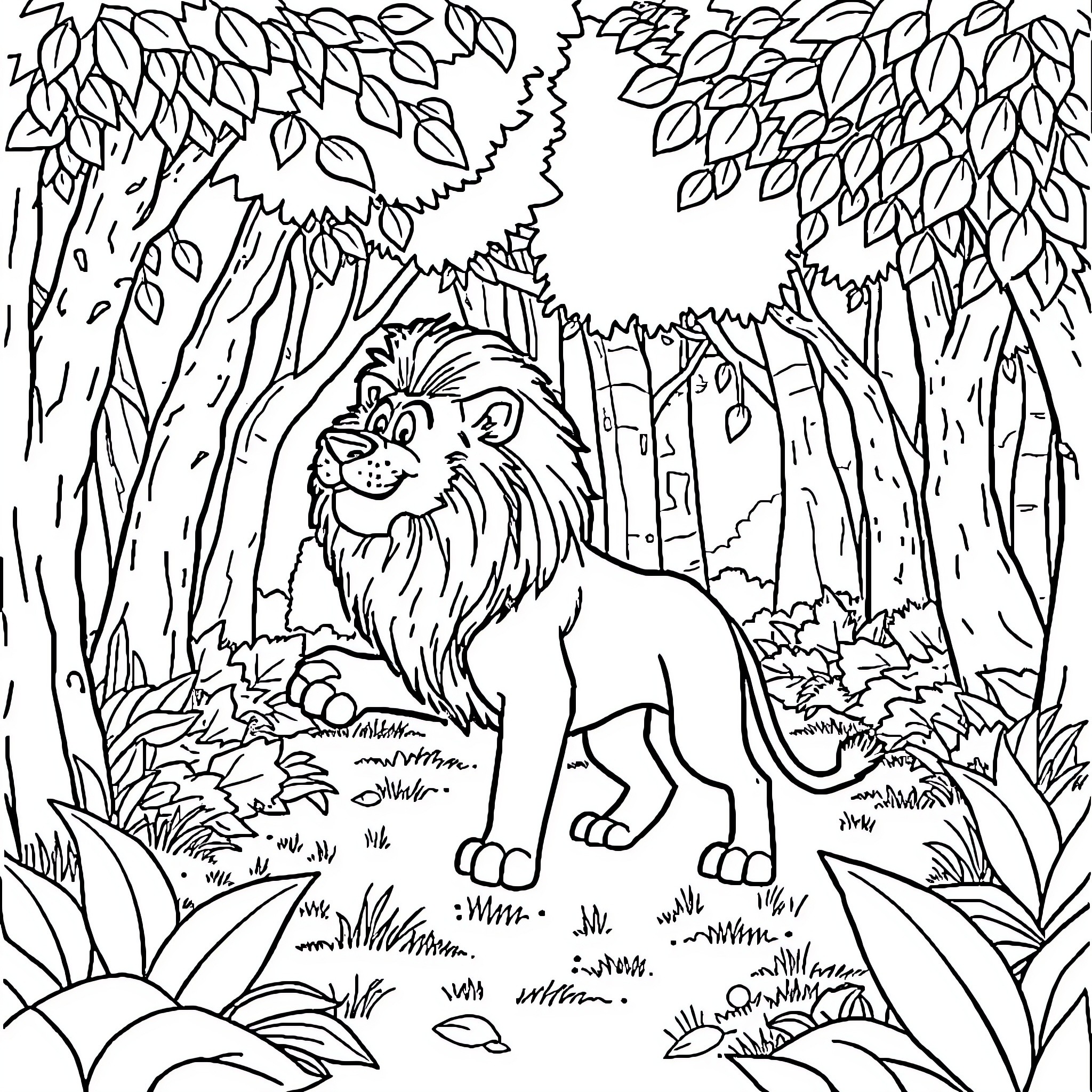 Cachorro Selvagem na Floresta Encantada Coloring Page (free black-and-white line drawing printable PDF for all, from beginners to advanced learners, including children, teens, adults, and seniors)