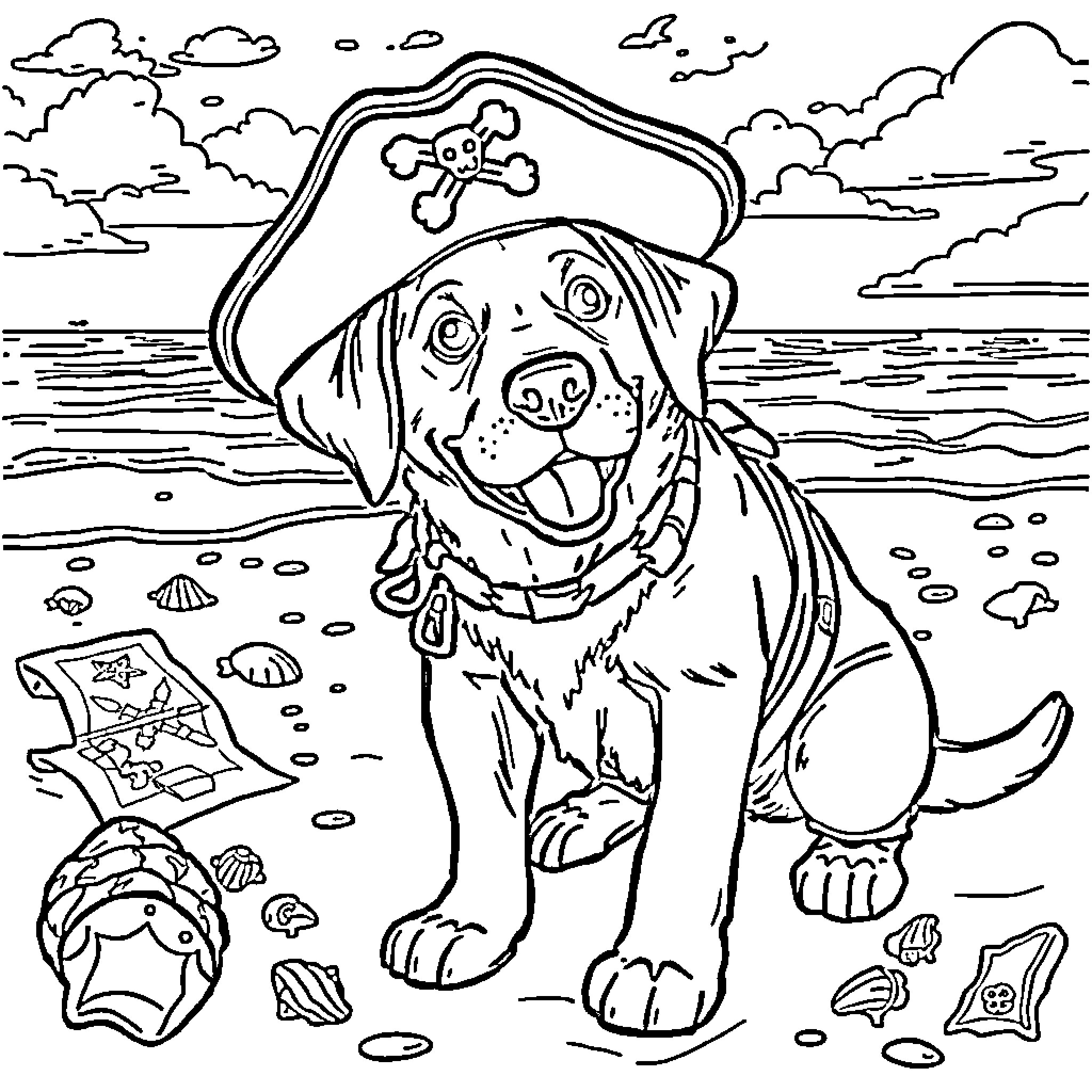 Labrador Pirate Exploring Seashore Coloring Page (free black-and-white line drawing printable PDF for all, from beginners to advanced learners, including children, teens, adults, and seniors)