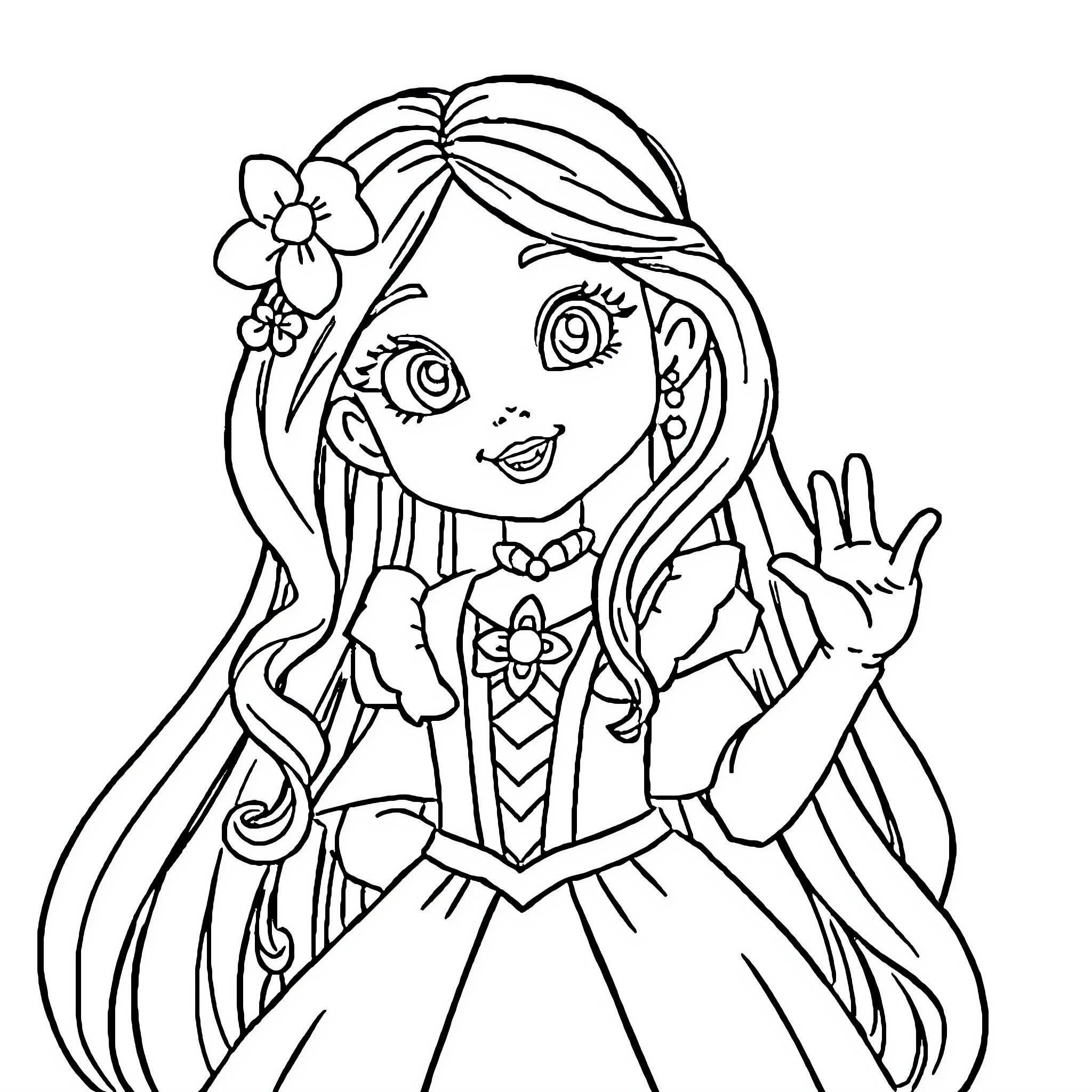 Rapunzel making a peace sign in her princess dress Coloring Page (free black-and-white line drawing printable PDF for all, from beginners to advanced learners, including children, teens, adults, and seniors)