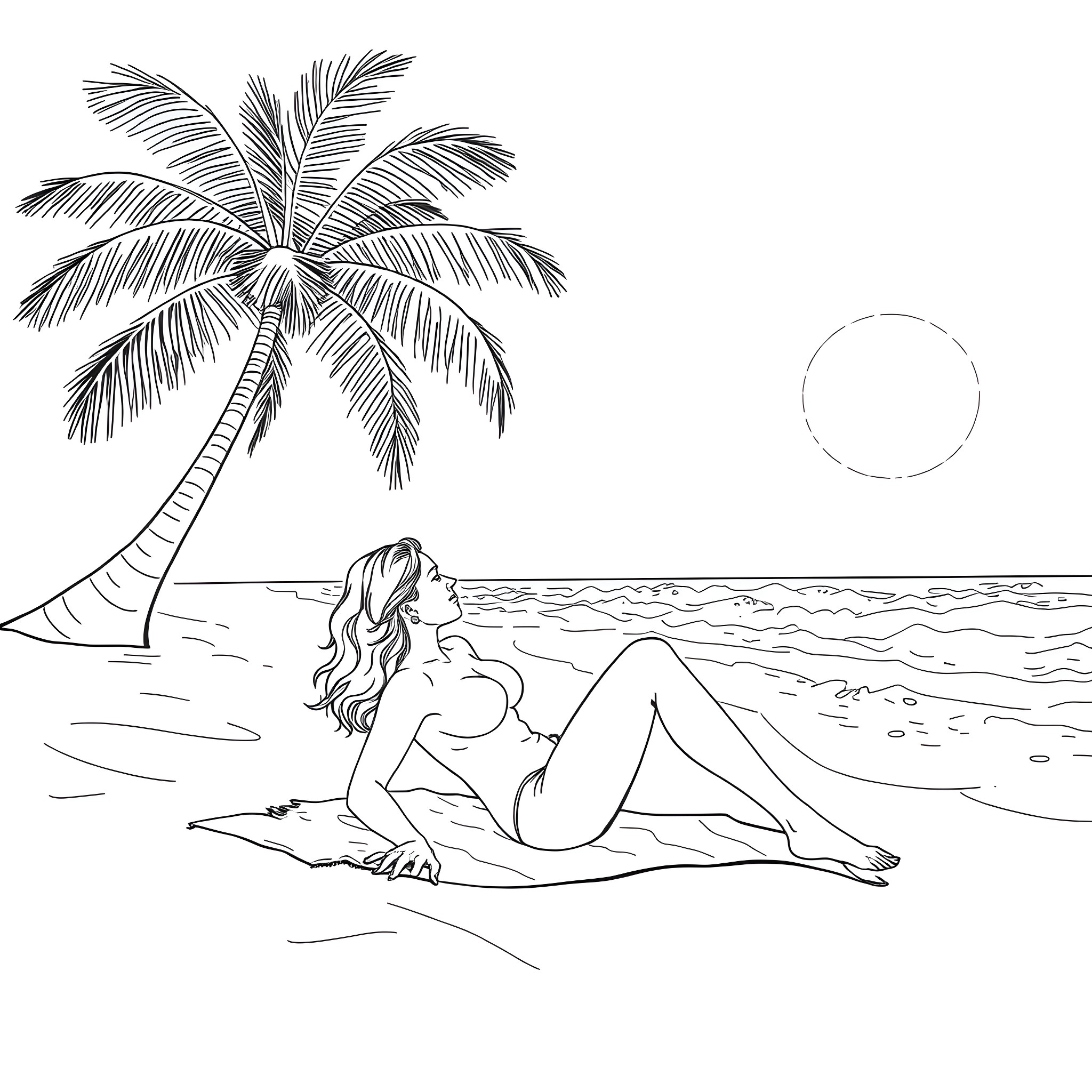 Woman relaxing on the beach near palm tree Coloring Page (free black-and-white line drawing printable PDF for all, from beginners to advanced learners, including children, teens, adults, and seniors)