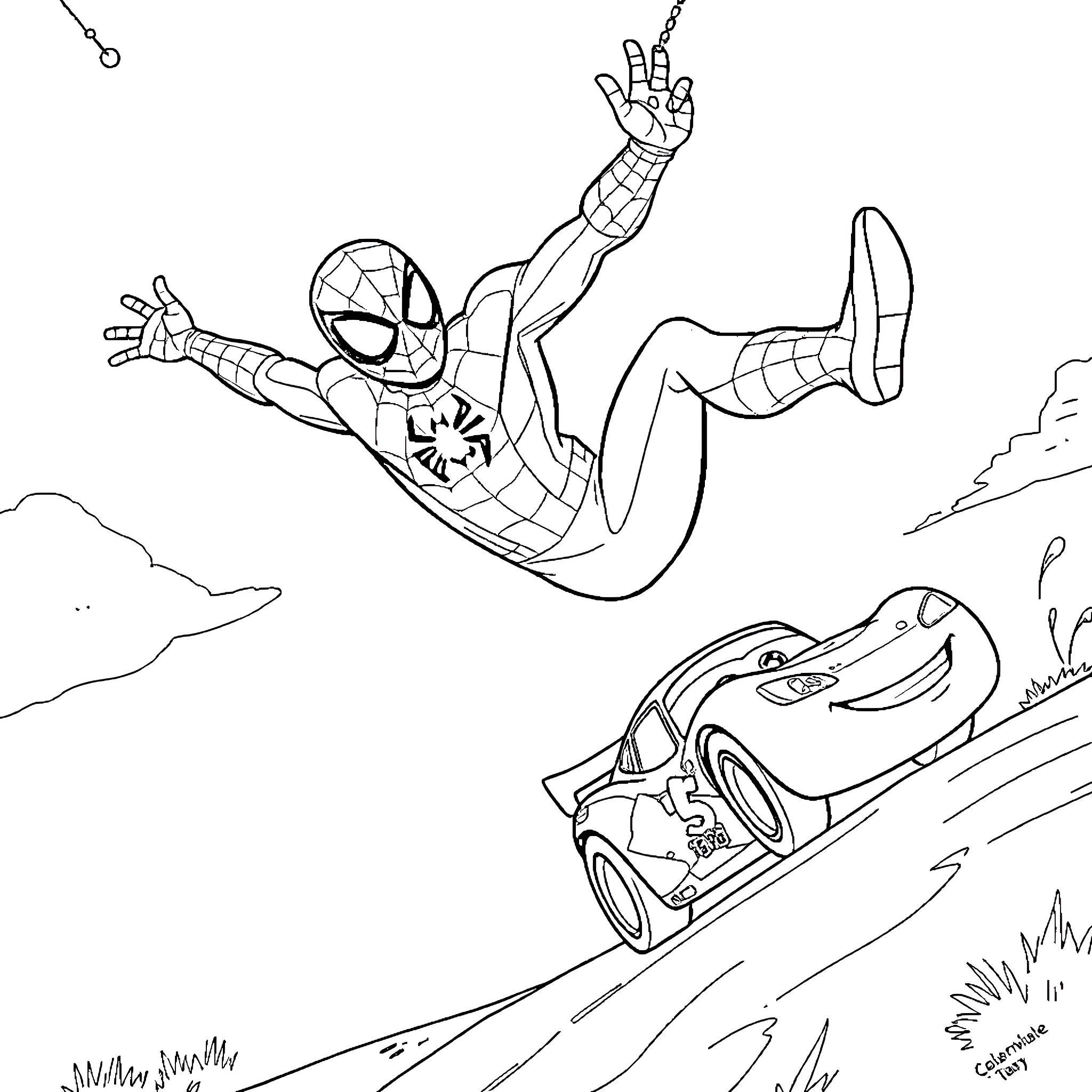 Spiderman swinging and chasing after a sports car Coloring Page (free black-and-white line drawing printable PDF for all, from beginners to advanced learners, including children, teens, adults, and seniors)