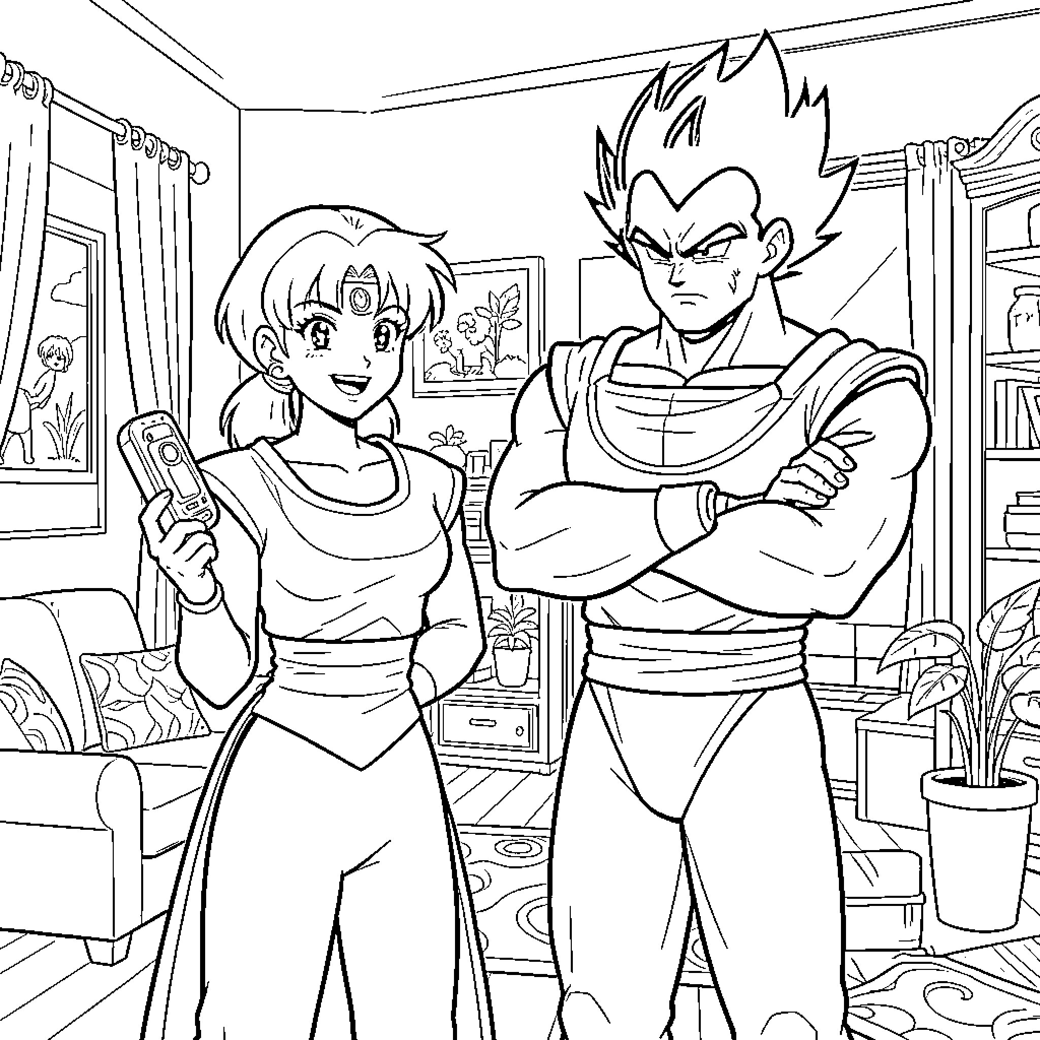 Bulma and Vegeta in casual indoor setting Coloring Page (free black-and-white line drawing printable PDF for all, from beginners to advanced learners, including children, teens, adults, and seniors)