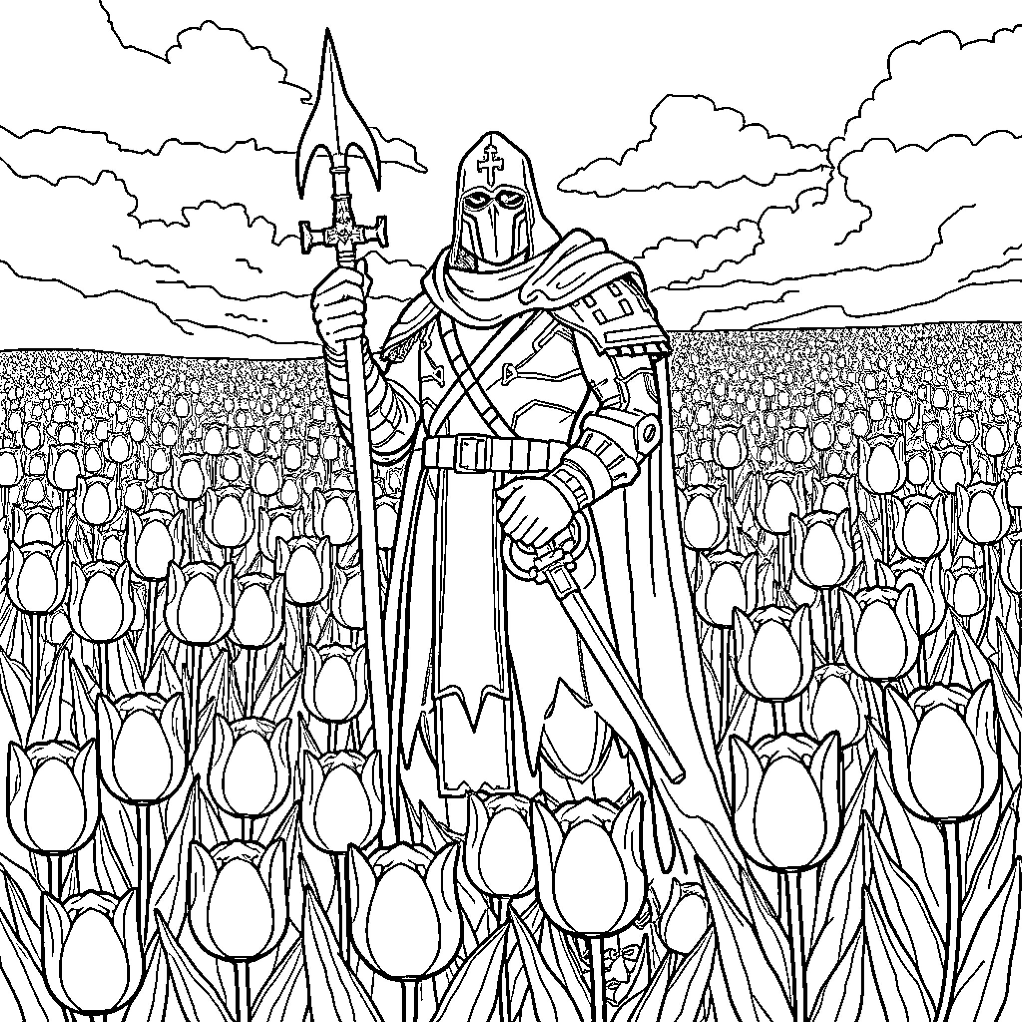 Zealot leading an army through a field of tulips Coloring Page (free black-and-white line drawing printable PDF for all, from beginners to advanced learners, including children, teens, adults, and seniors)