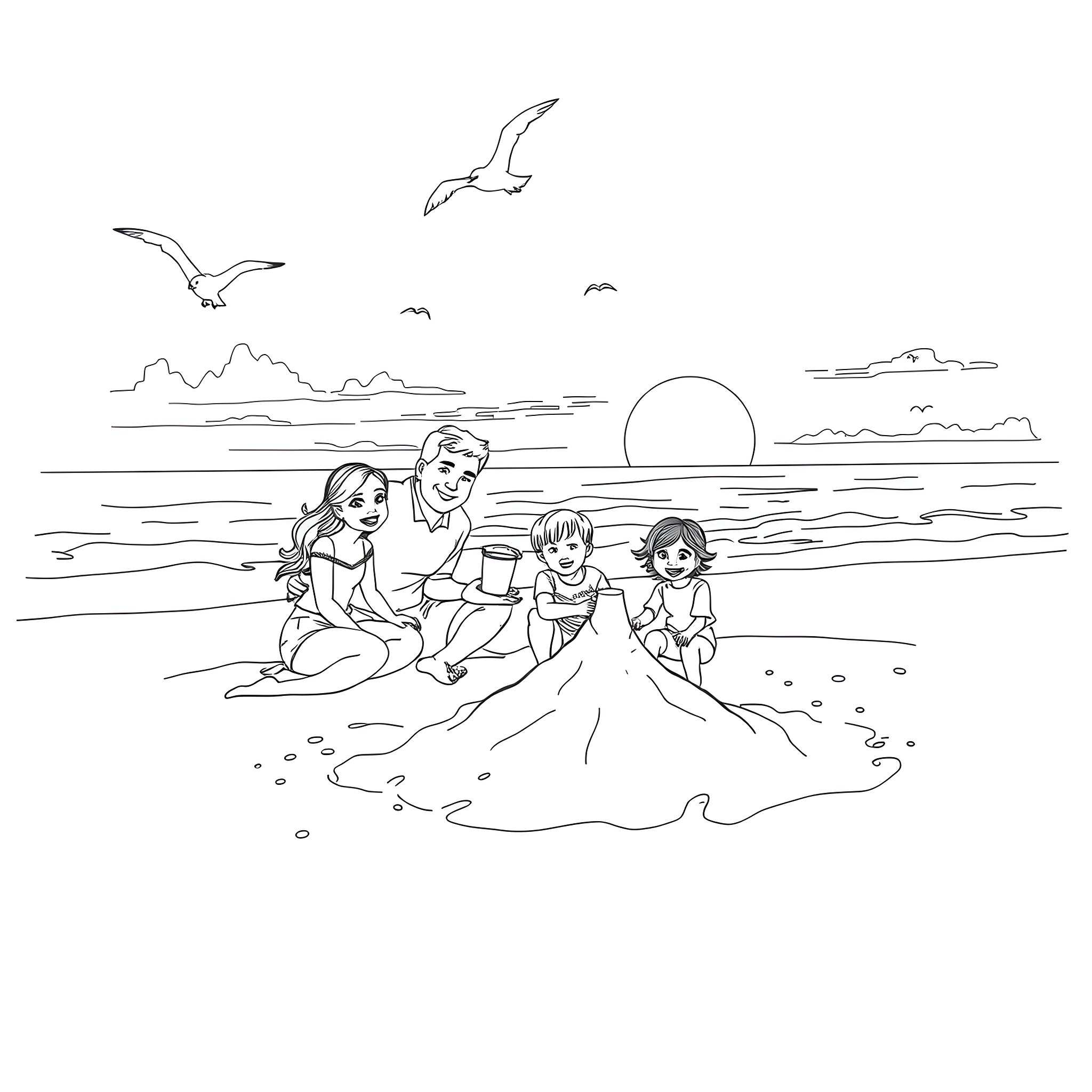Family enjoying peaceful beach day Coloring Page (free black-and-white line drawing printable PDF for all, from beginners to advanced learners, including children, teens, adults, and seniors)