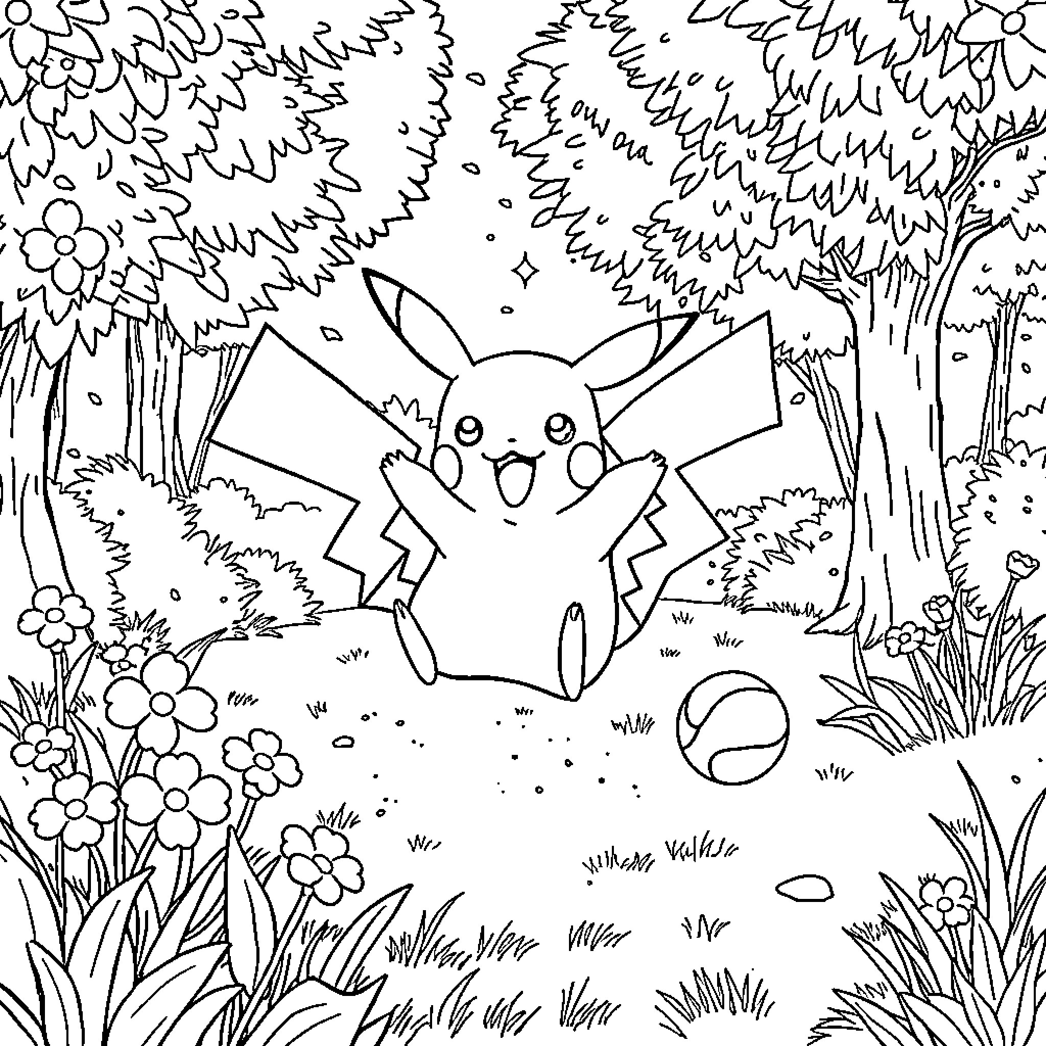 Pikachu Playing in the Enchanted Forest Coloring Page (free black-and-white line drawing printable PDF for all, from beginners to advanced learners, including children, teens, adults, and seniors)