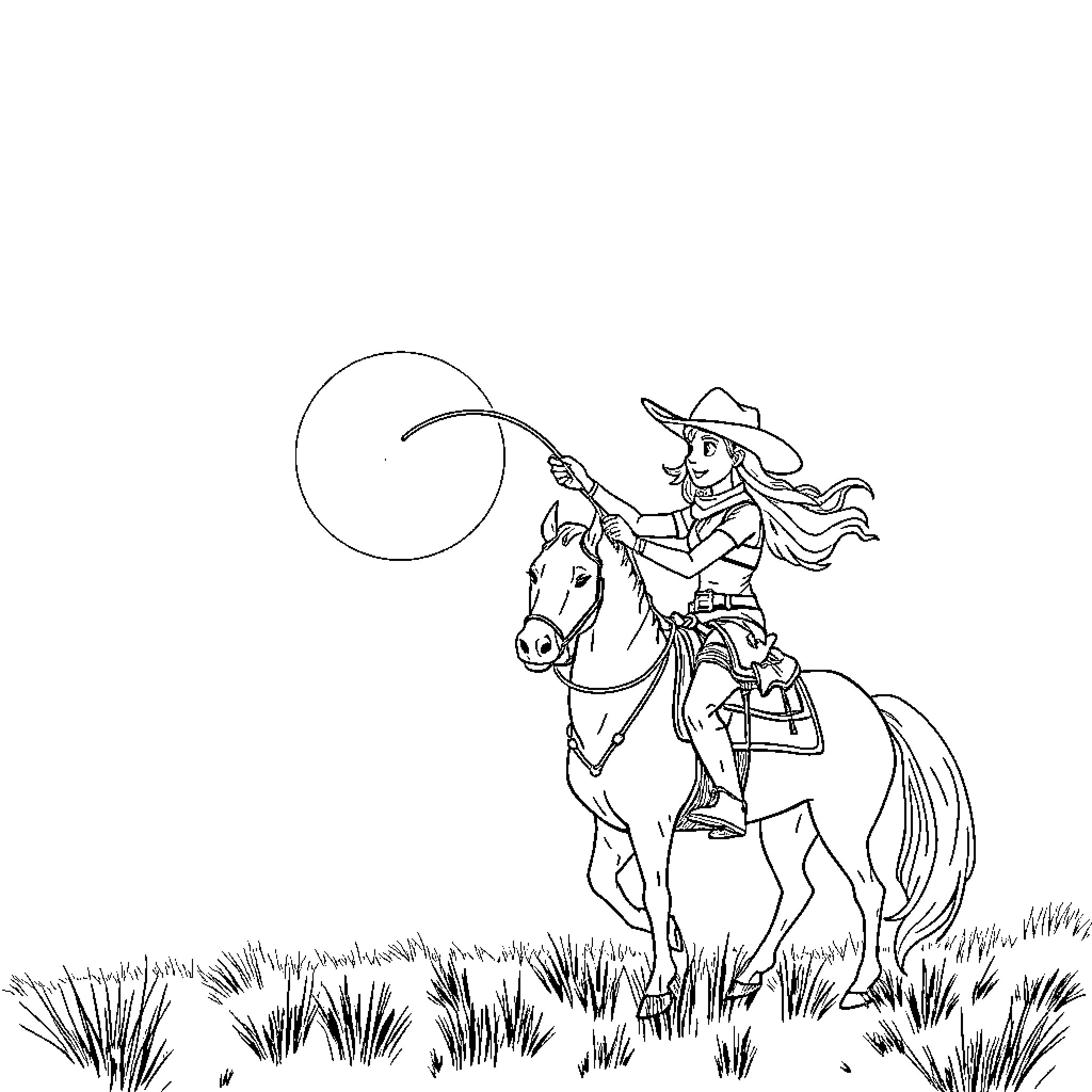 Cowgirl riding horse in the field Coloring Page (free black-and-white line drawing printable PDF for all, from beginners to advanced learners, including children, teens, adults, and seniors)