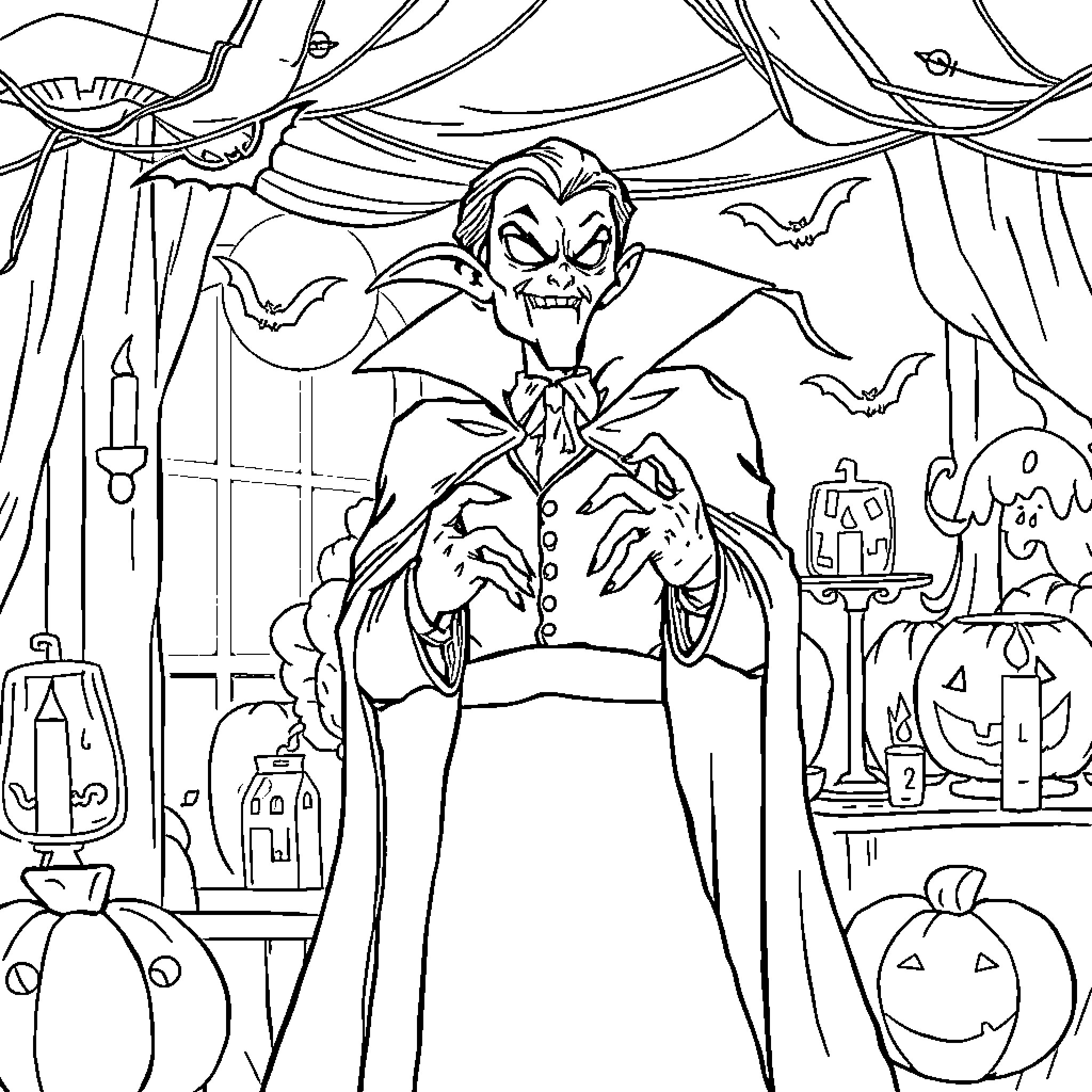 Vampire performs dark magic in haunted castle Coloring Page (free black-and-white line drawing printable PDF for all, from beginners to advanced learners, including children, teens, adults, and seniors)