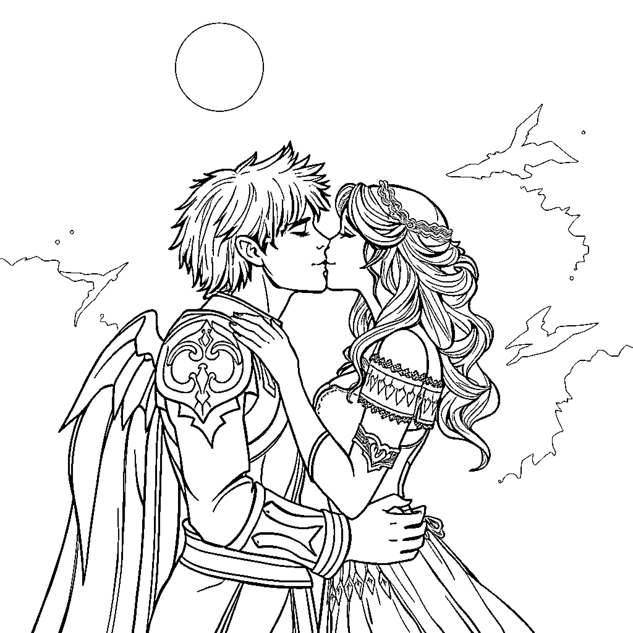 Azriel and Elain sharing a romantic moment Coloring Page (free black-and-white line drawing printable PDF for all, from beginners to advanced learners, including children, teens, adults, and seniors)