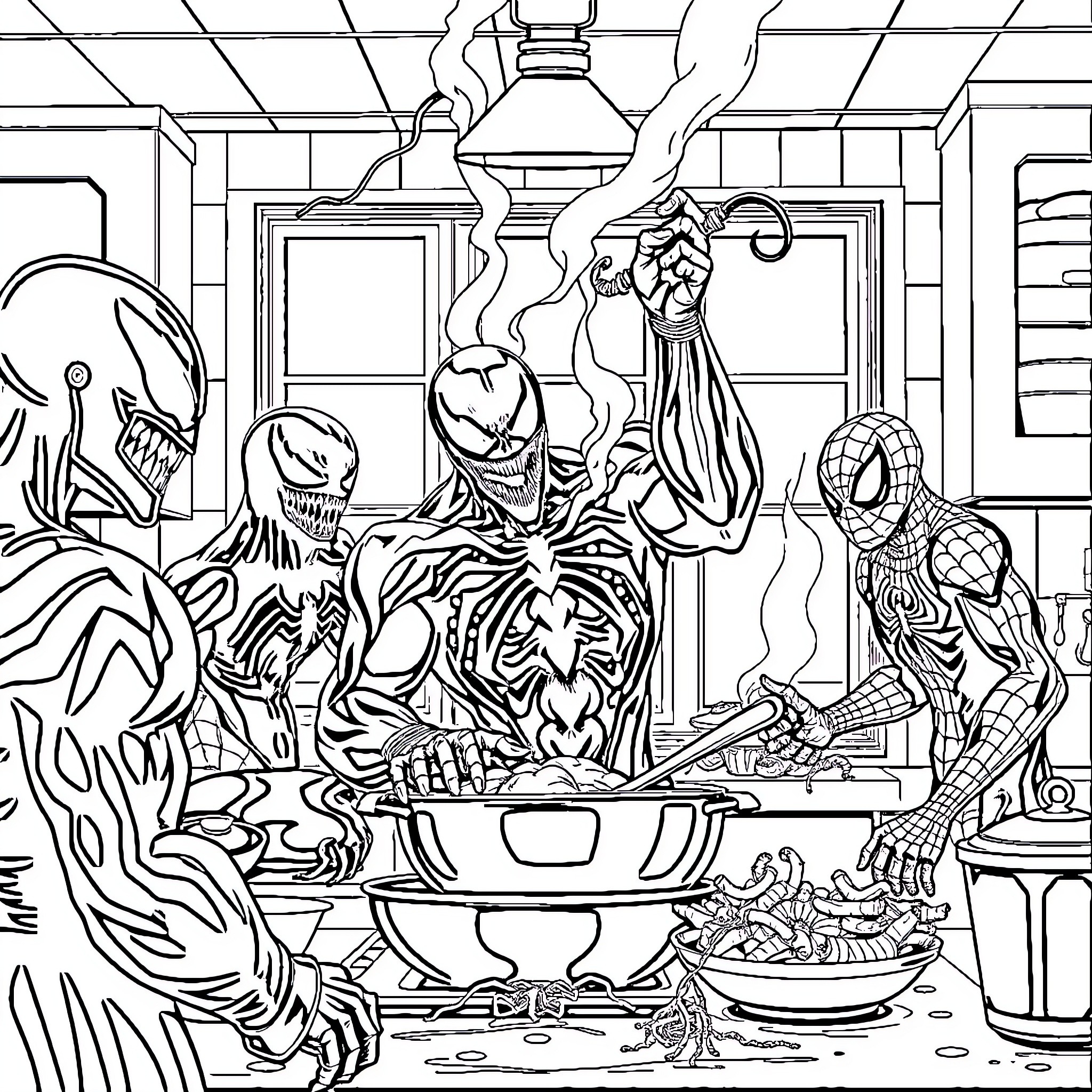 Maximumcarnage: Superheroes and Villains Dining Together Coloring Page (free black-and-white line drawing printable PDF for all, from beginners to advanced learners, including children, teens, adults, and seniors)