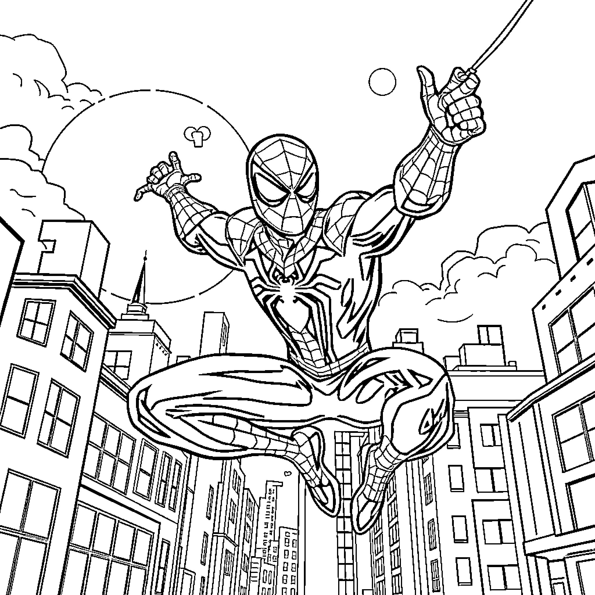 Spider-Man swinging through the city skyline Coloring Page (free black-and-white line drawing printable PDF for all, from beginners to advanced learners, including children, teens, adults, and seniors)