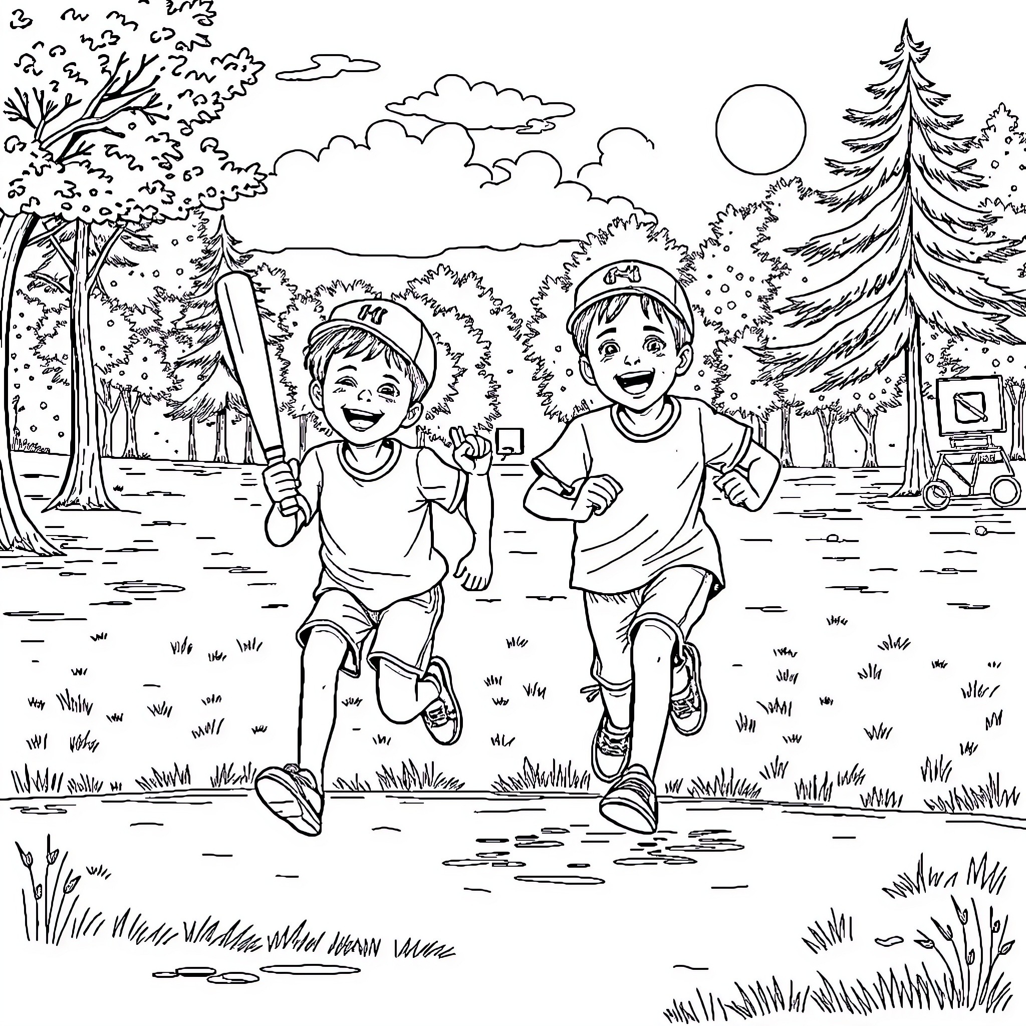 Kid playing happily outdoors with friends Coloring Page (free black-and-white line drawing printable PDF for all, from beginners to advanced learners, including children, teens, adults, and seniors)