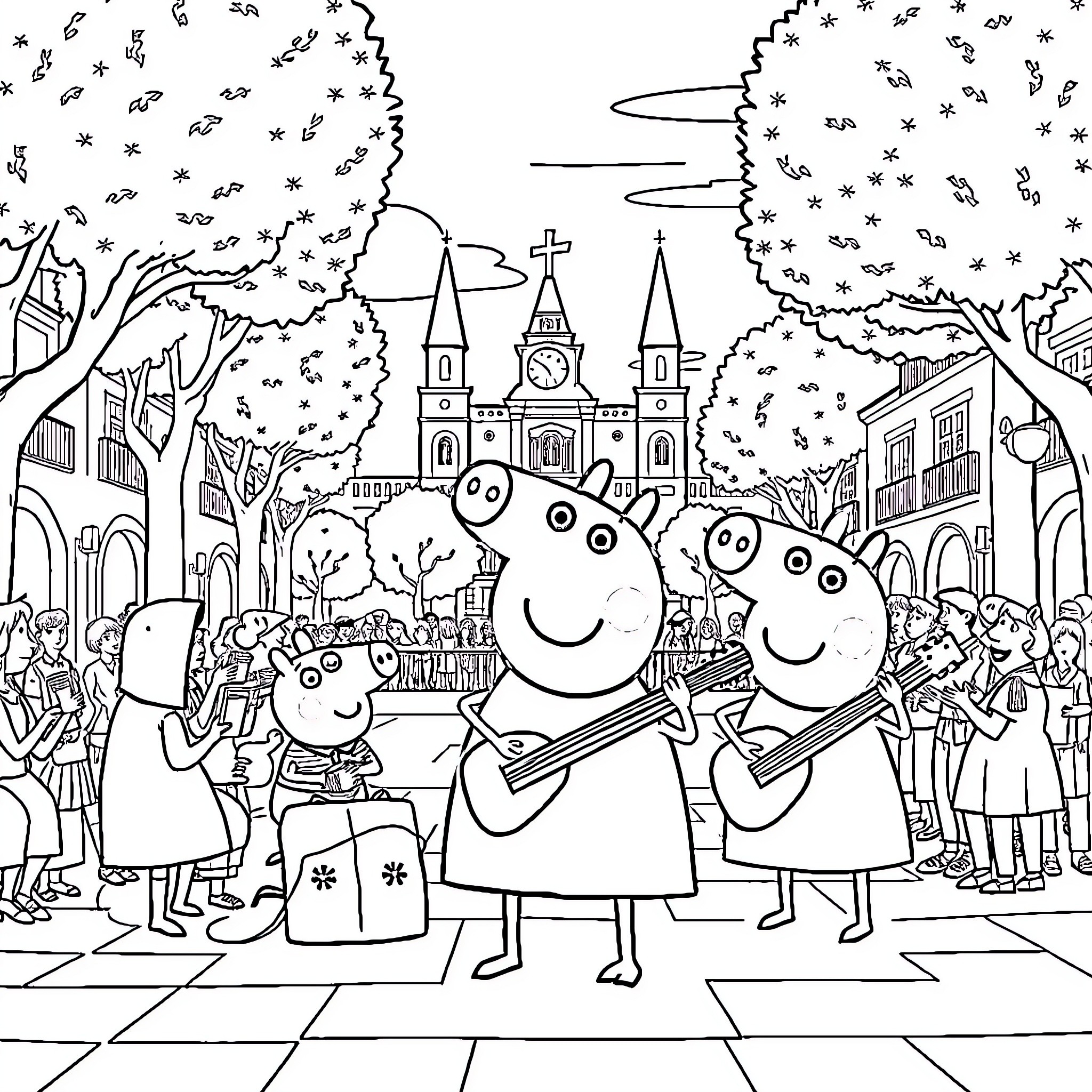 Pepa Pig and Friends Exploring the Town Coloring Page (free black-and-white line drawing printable PDF for all, from beginners to advanced learners, including children, teens, adults, and seniors)