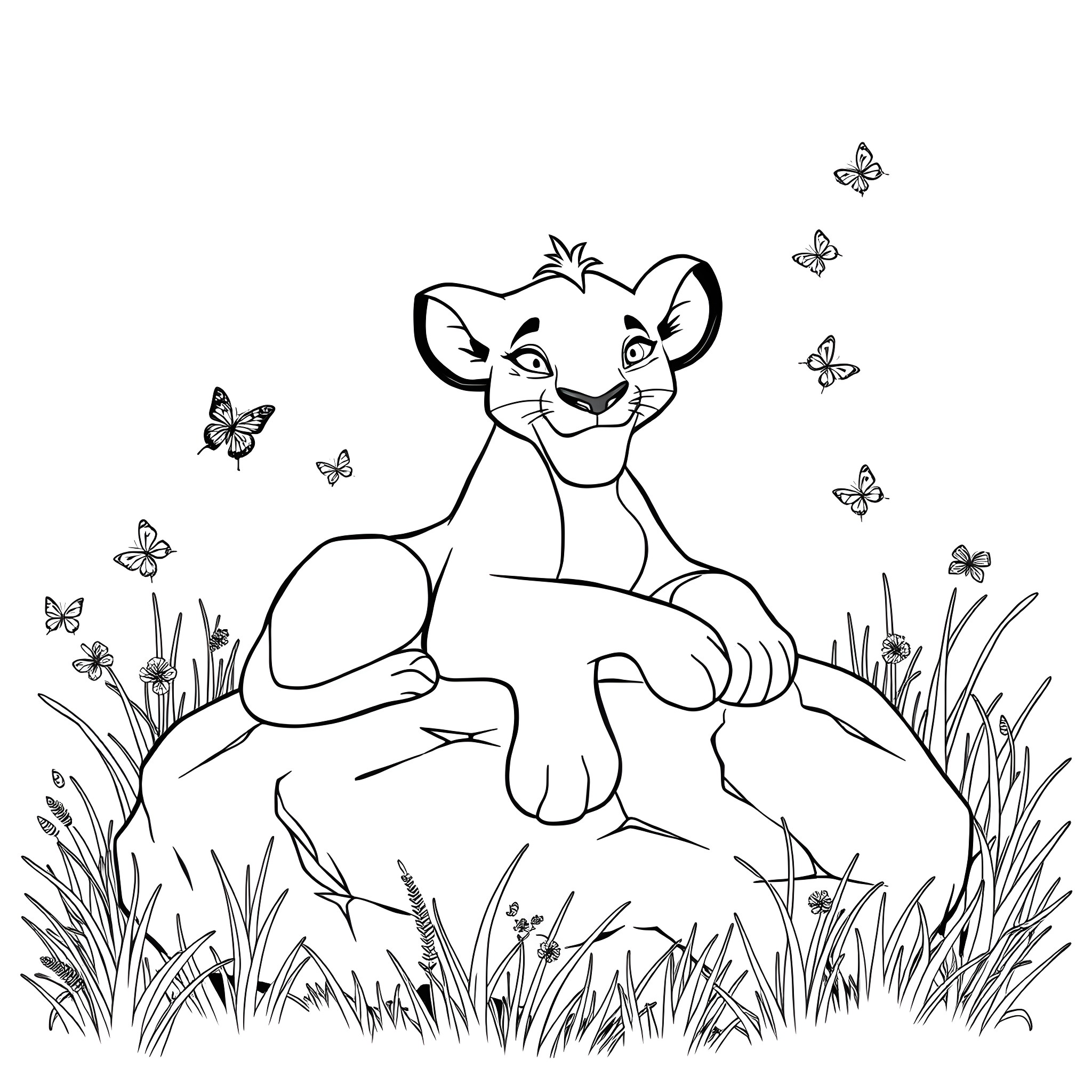 Nala relaxing in the serene meadow with butterflies Coloring Page (free black-and-white line drawing printable PDF for all, from beginners to advanced learners, including children, teens, adults, and seniors)