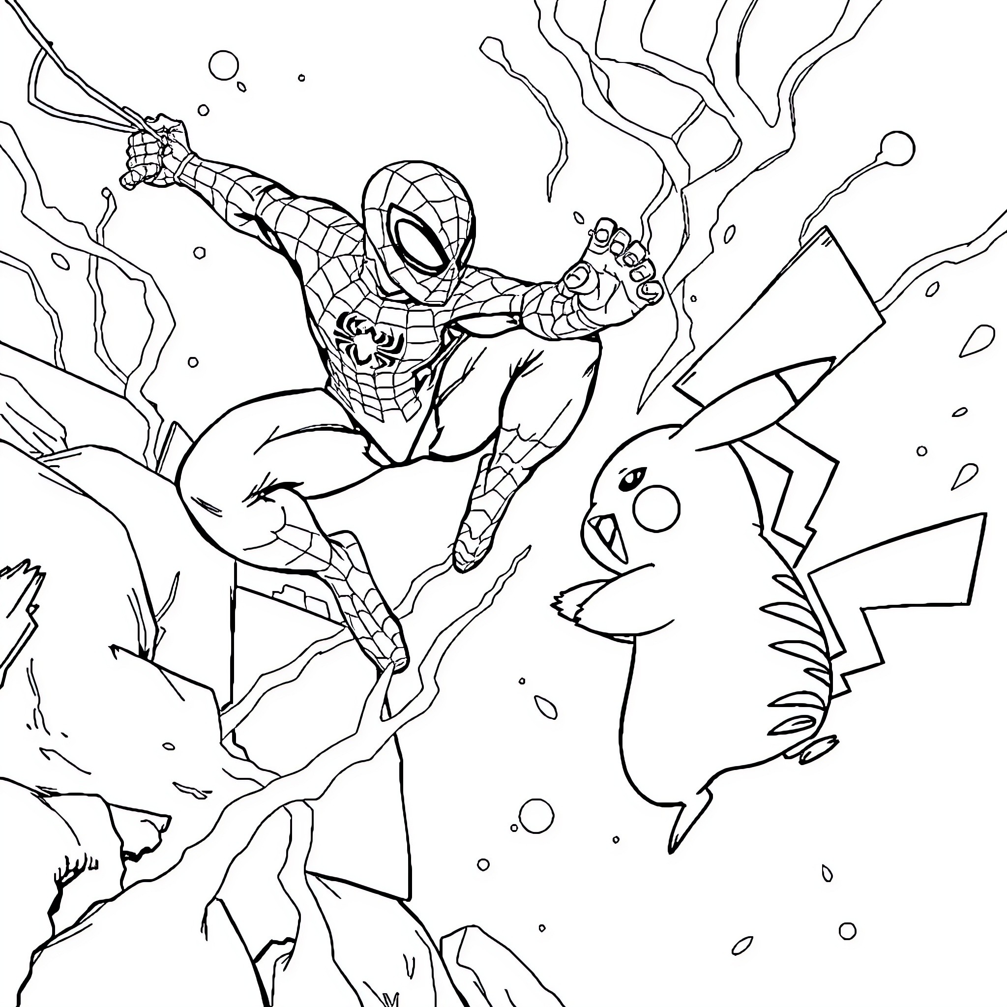 Spider-Man battling Pikachu in a fantastical scene Coloring Page (free black-and-white line drawing printable PDF for all, from beginners to advanced learners, including children, teens, adults, and seniors)