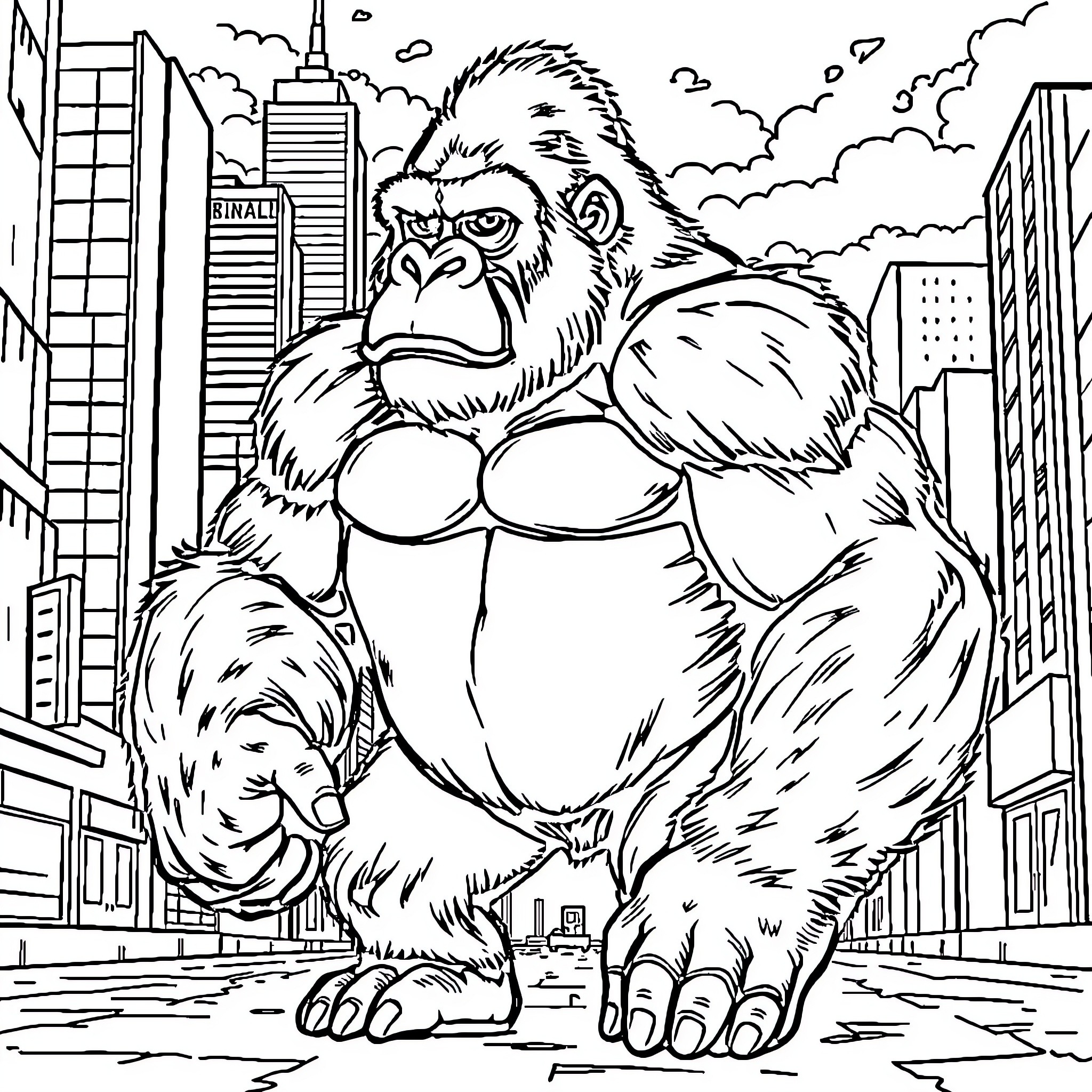 Gorilla standing tall in urban city landscape Coloring Page (free black-and-white line drawing printable PDF for all, from beginners to advanced learners, including children, teens, adults, and seniors)