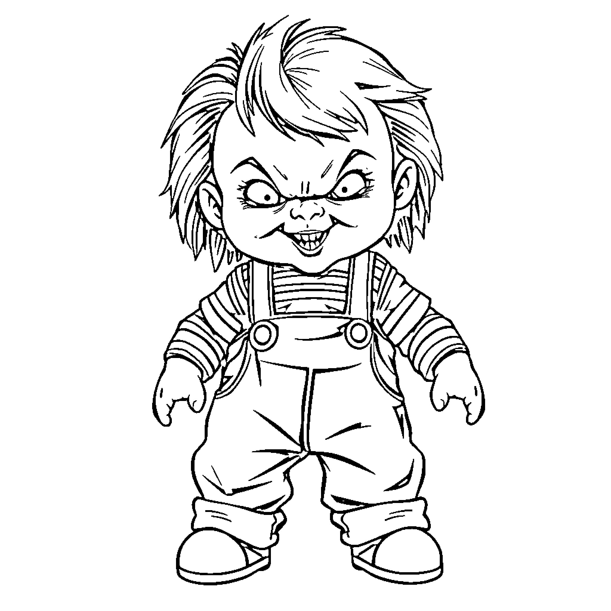 Chucky the Creepy Doll's Mischievous Antics Coloring Page (free black-and-white line drawing printable PDF for all, from beginners to advanced learners, including children, teens, adults, and seniors)