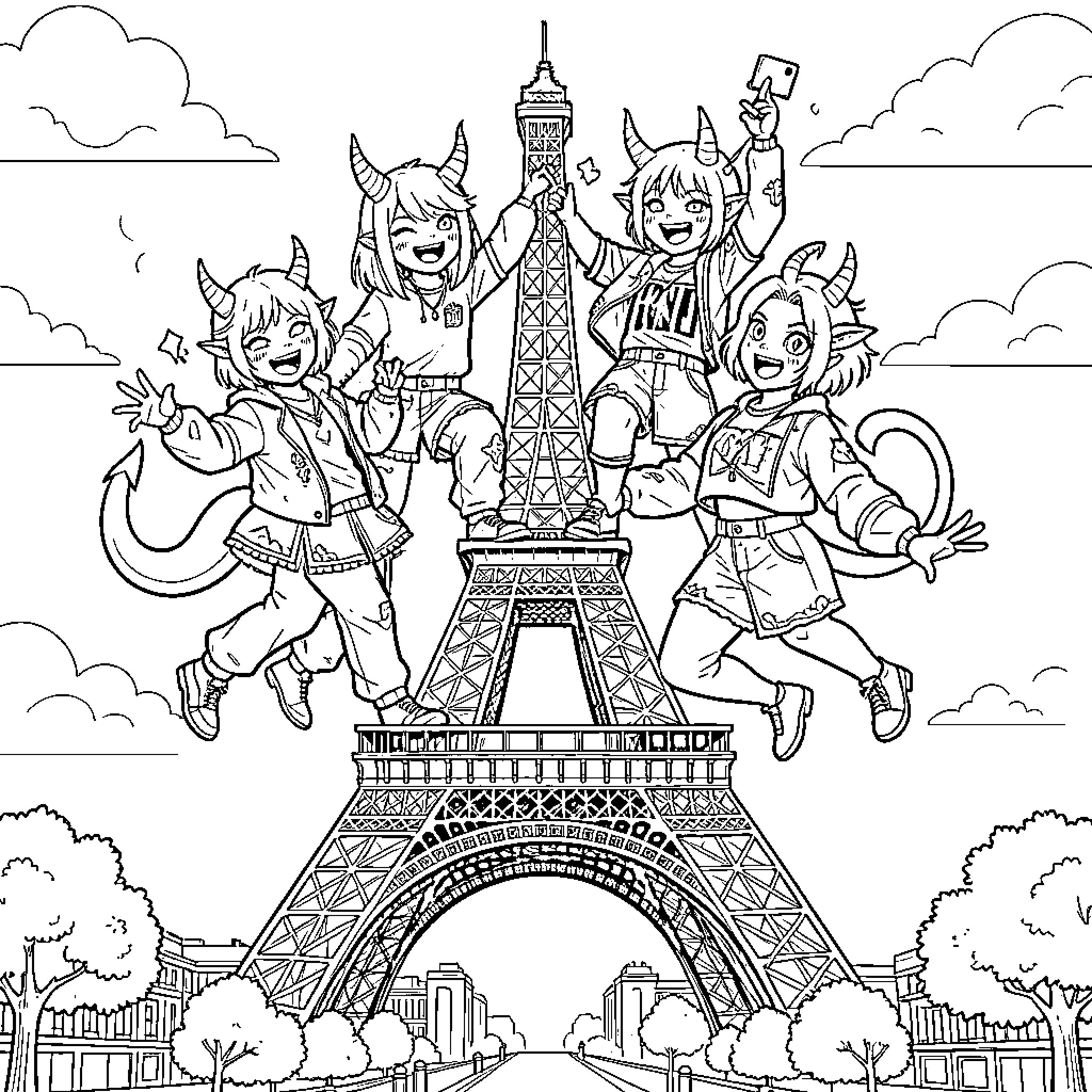 Kpop style characters posing joyfully near the Eiffel Tower Coloring Page (free black-and-white line drawing printable PDF for all, from beginners to advanced learners, including children, teens, adults, and seniors)