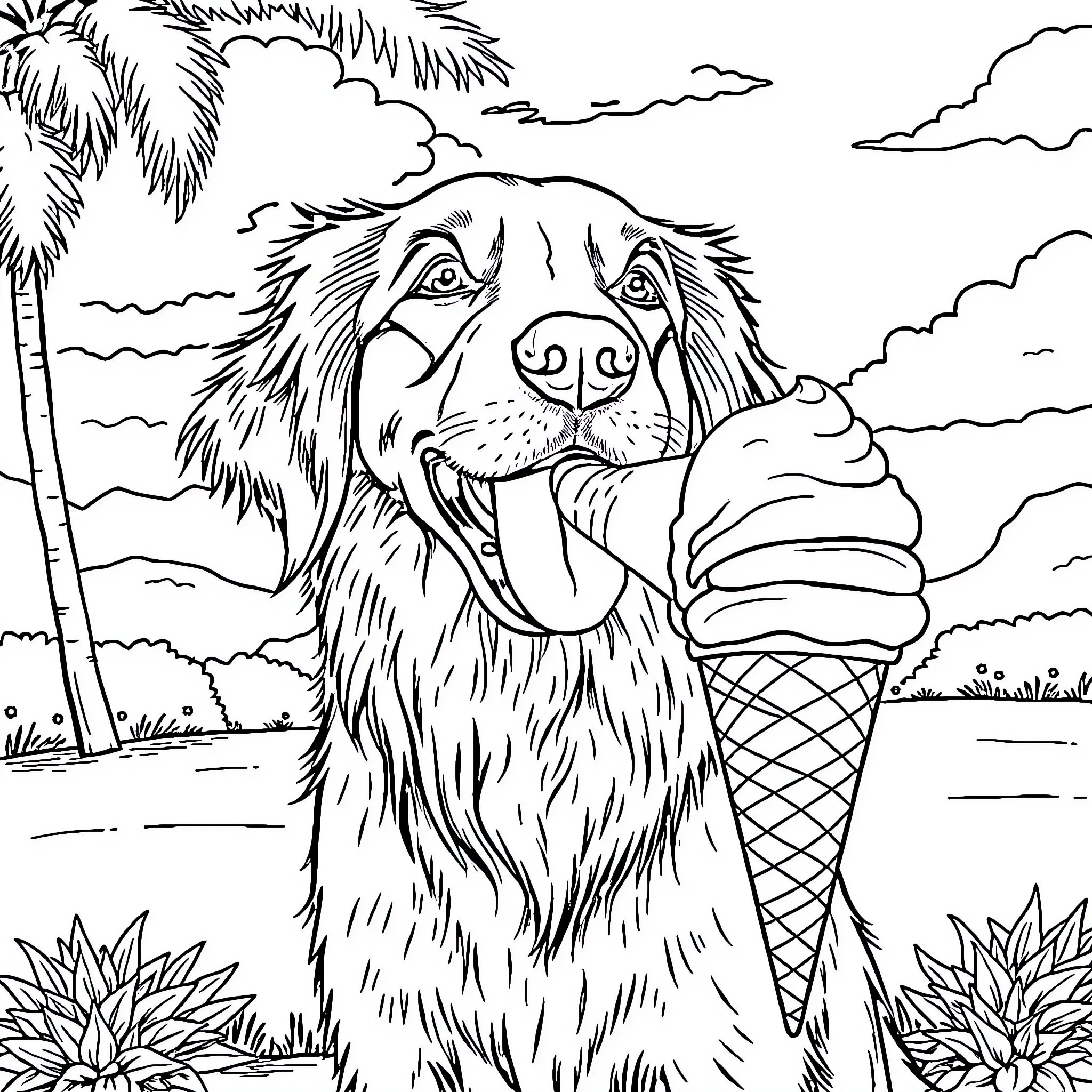 Golden Retriever enjoying an ice cream cone in a tropical paradise Coloring Page (free black-and-white line drawing printable PDF for all, from beginners to advanced learners, including children, teens, adults, and seniors)