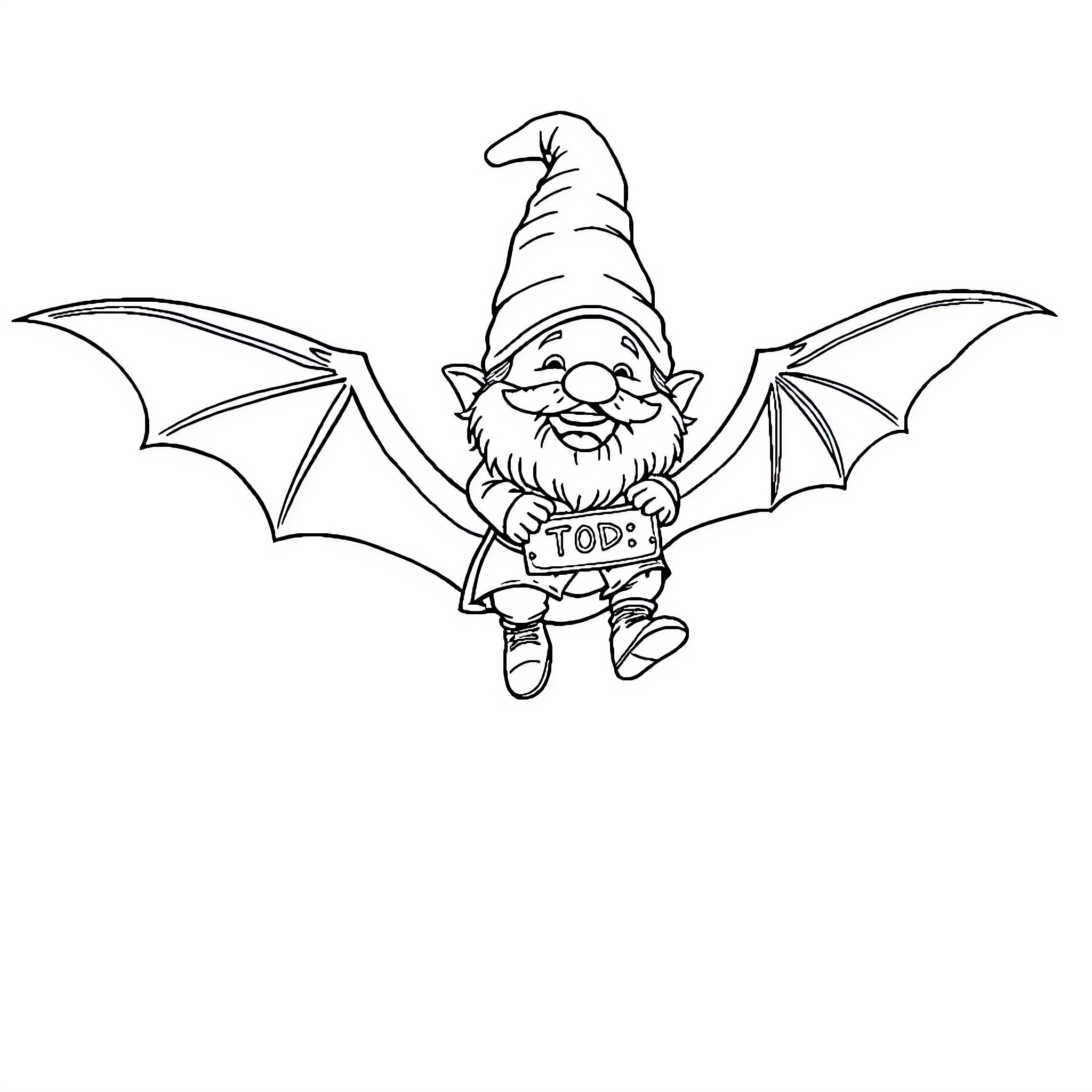 Gnome with Bat Wings Flying and Holding Sign Coloring Page (free black-and-white line drawing printable PDF for all, from beginners to advanced learners, including children, teens, adults, and seniors)