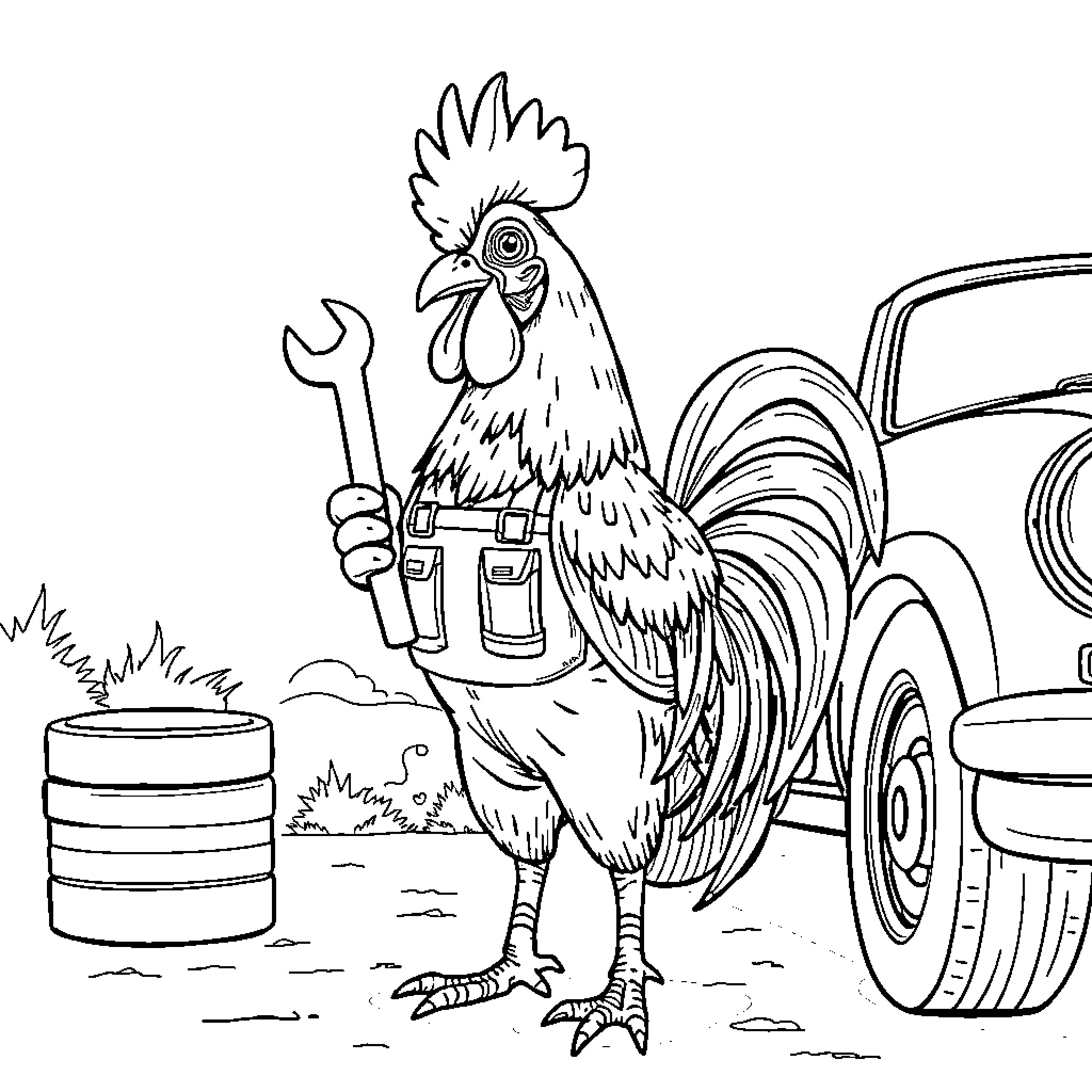 Rooster fixing a vehicle with tools Coloring Page (free black-and-white line drawing printable PDF for all, from beginners to advanced learners, including children, teens, adults, and seniors)