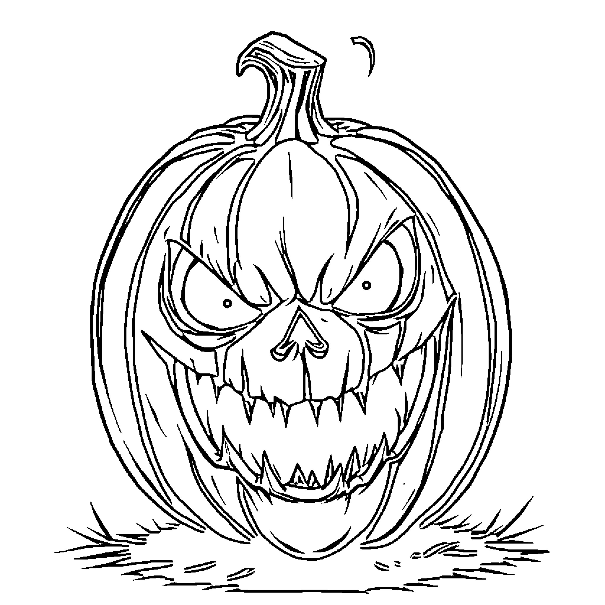 Pumpkin with Scary Jack-o'-lantern Face Coloring Page (free black-and-white line drawing printable PDF for all, from beginners to advanced learners, including children, teens, adults, and seniors)