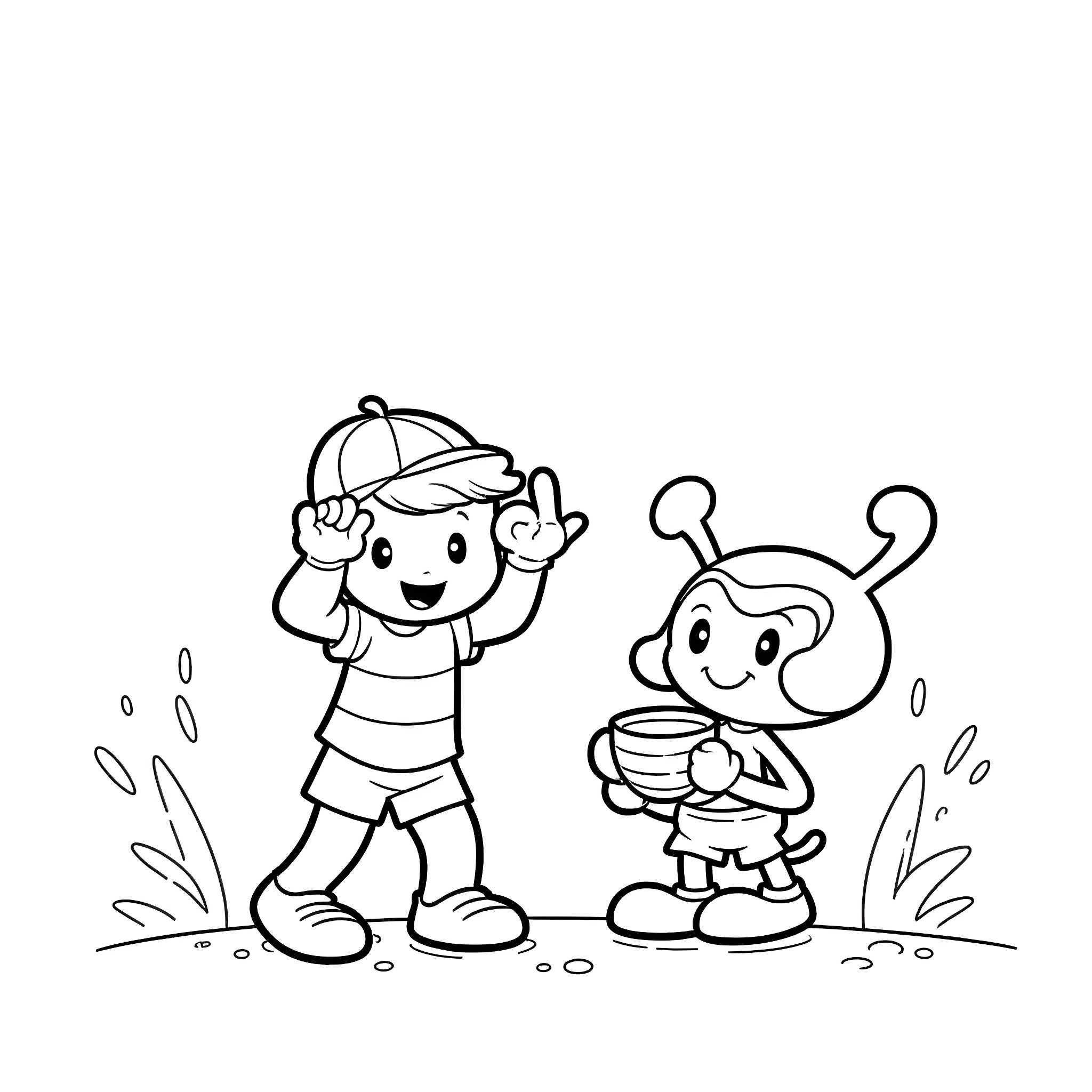 Casey Junior Playing with Alien Friend in Outdoors Coloring Page (free black-and-white line drawing printable PDF for all, from beginners to advanced learners, including children, teens, adults, and seniors)