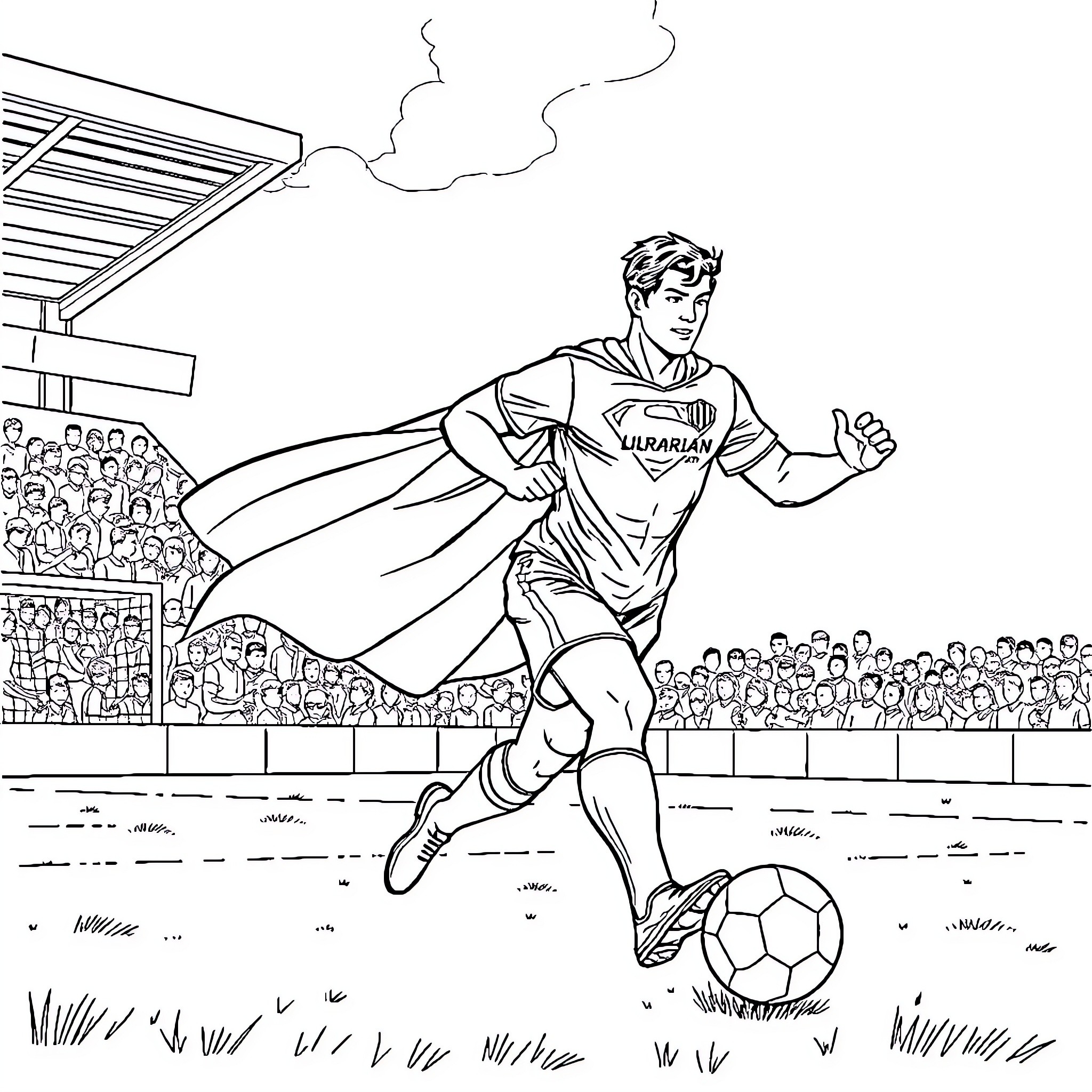 Superman playing soccer in a crowded stadium Coloring Page (free black-and-white line drawing printable PDF for all, from beginners to advanced learners, including children, teens, adults, and seniors)