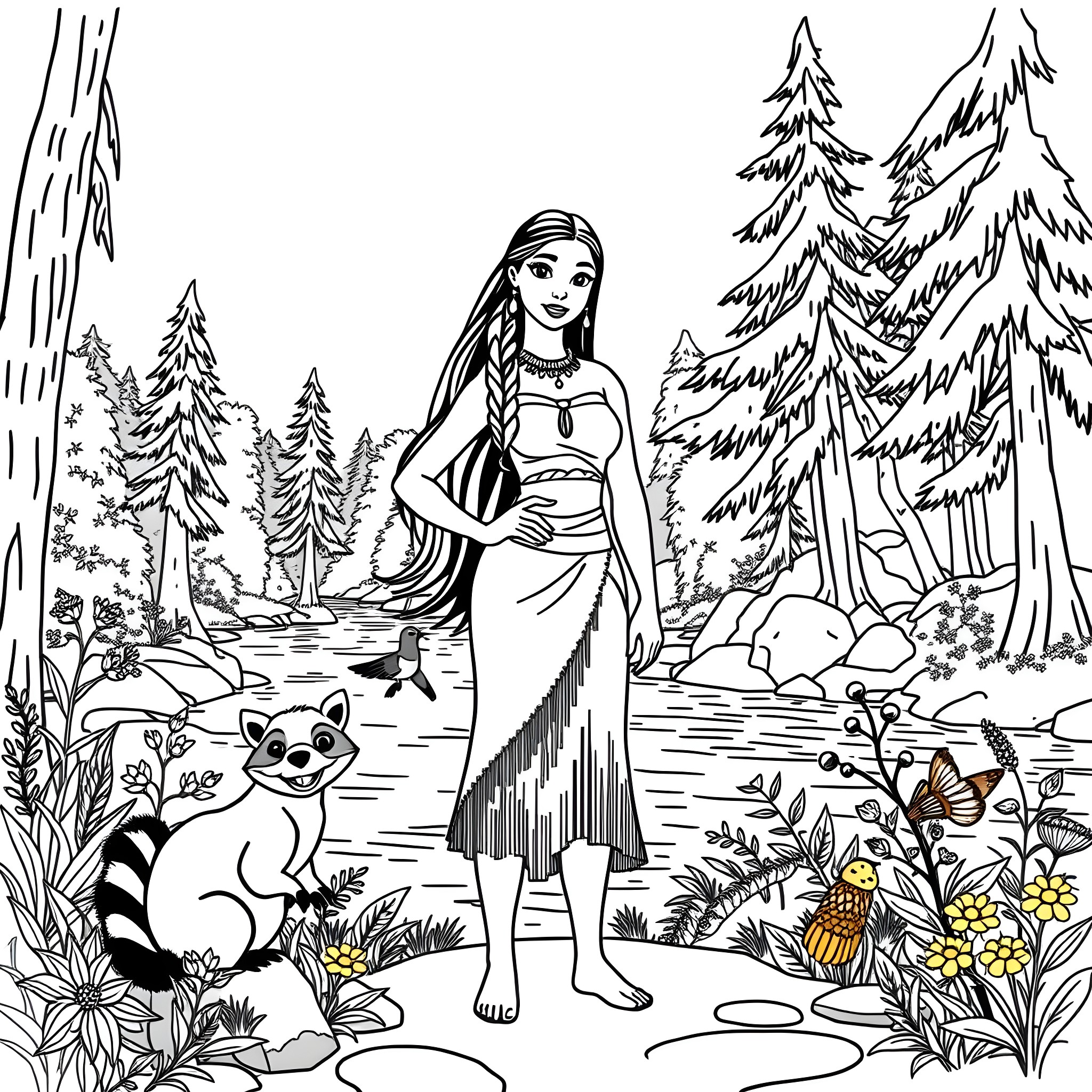 Pocahontas exploring the wilderness with forest animals Coloring Page (free black-and-white line drawing printable PDF for all, from beginners to advanced learners, including children, teens, adults, and seniors)