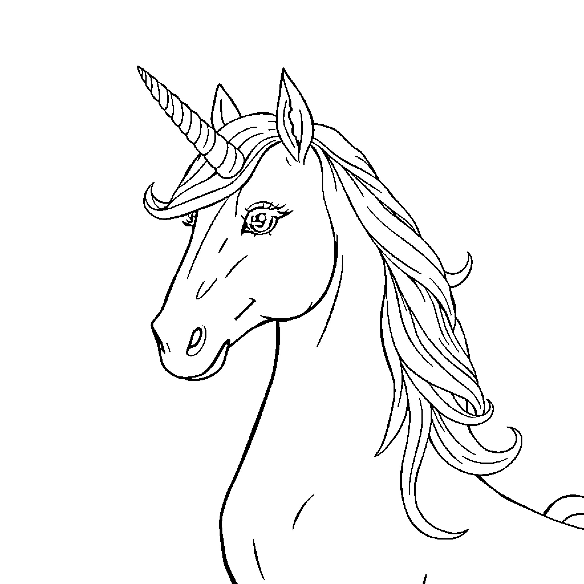 Unicorn with flowing mane in outline Coloring Page (free black-and-white line drawing printable PDF for all, from beginners to advanced learners, including children, teens, adults, and seniors)