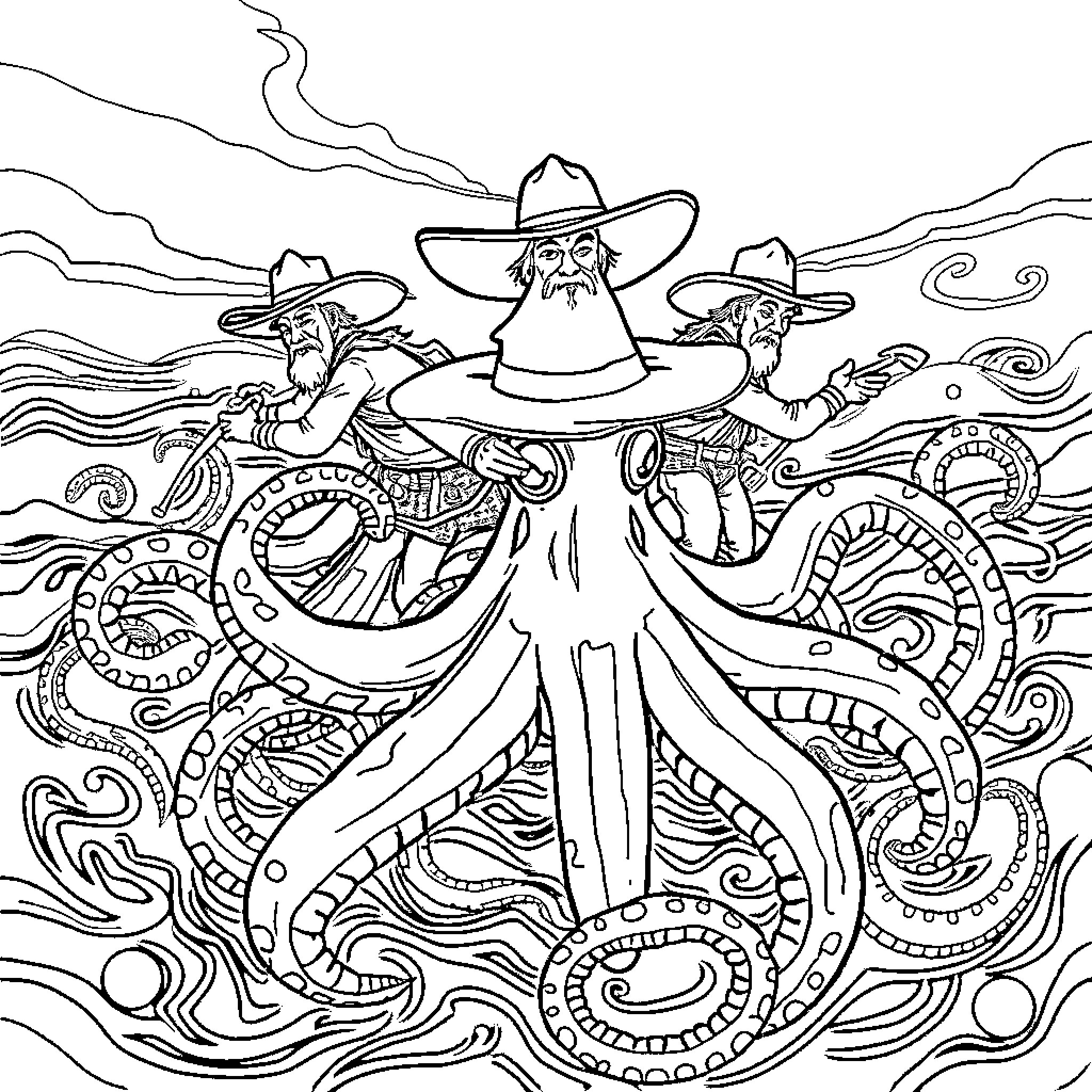 Cowboy wizards summoning mystical creatures Coloring Page (free black-and-white line drawing printable PDF for all, from beginners to advanced learners, including children, teens, adults, and seniors)