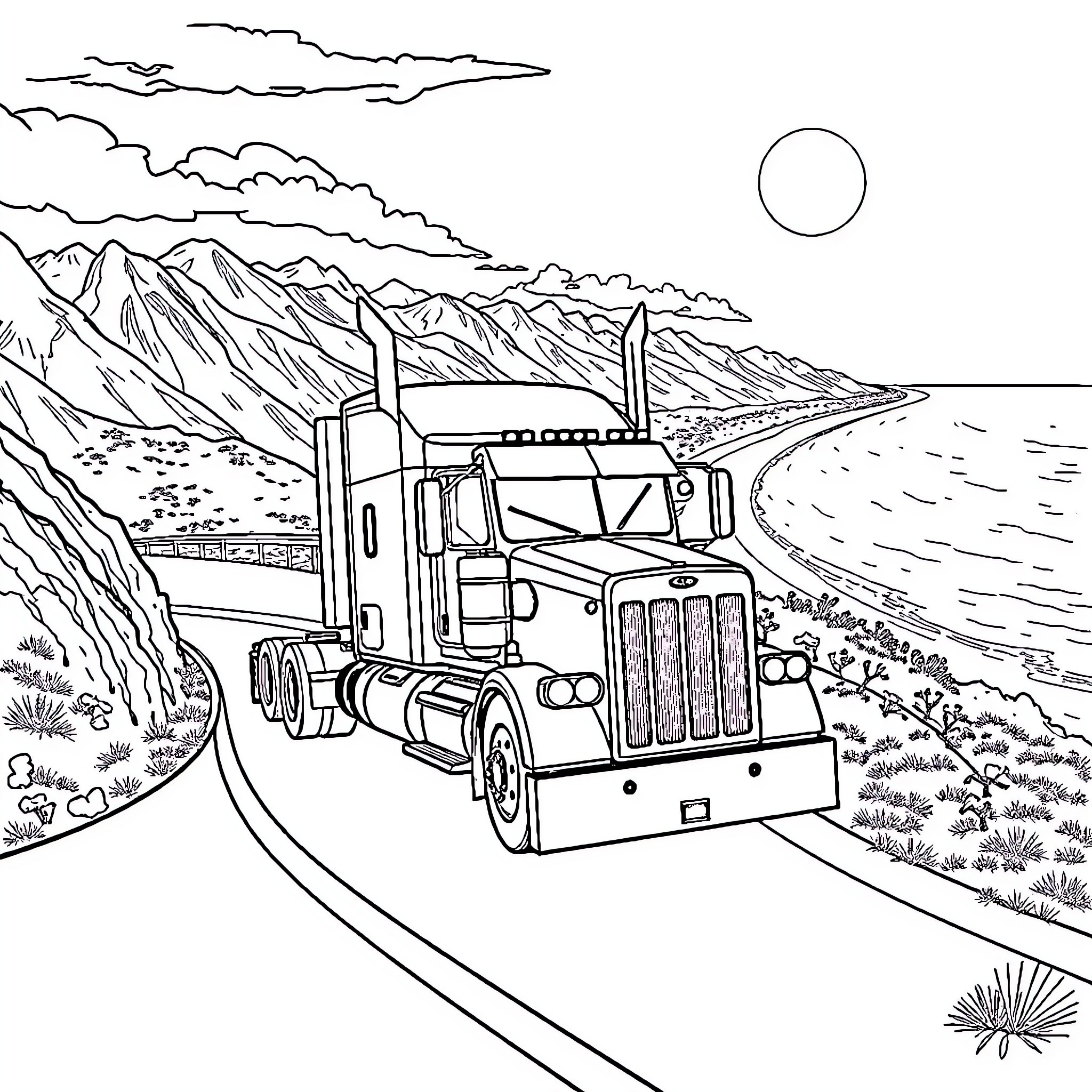 Peterbilt truck traversing scenic mountain road Coloring Page (free black-and-white line drawing printable PDF for all, from beginners to advanced learners, including children, teens, adults, and seniors)
