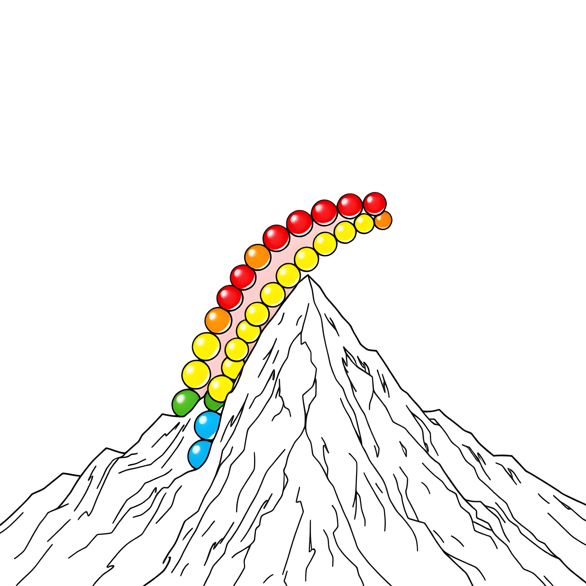 Skittle-Colored Trail over Snowy Mountain Peak Coloring Page (free black-and-white line drawing printable PDF for all, from beginners to advanced learners, including children, teens, adults, and seniors)