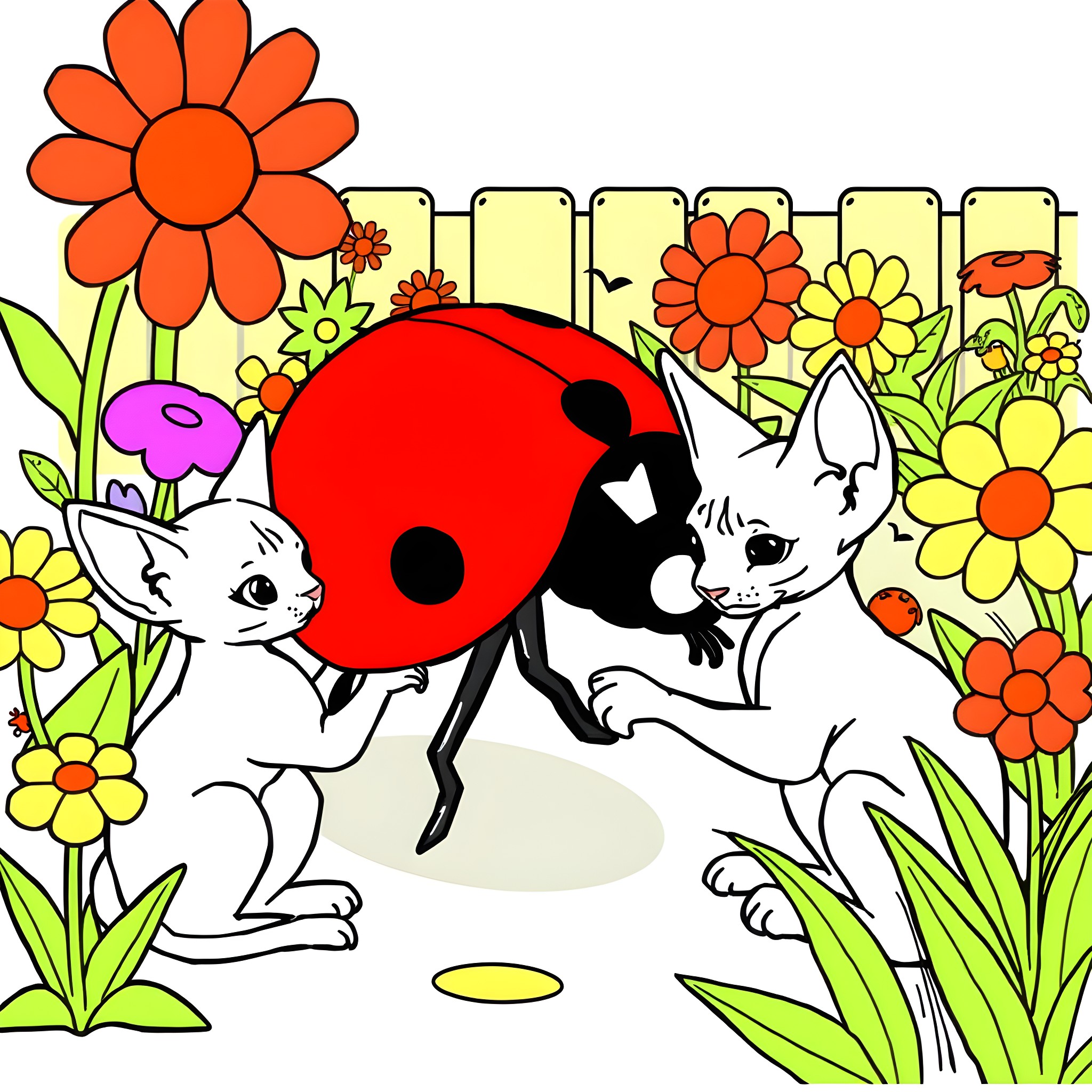 Ladybug exploring the vibrant floral garden Coloring Page (free black-and-white line drawing printable PDF for all, from beginners to advanced learners, including children, teens, adults, and seniors)