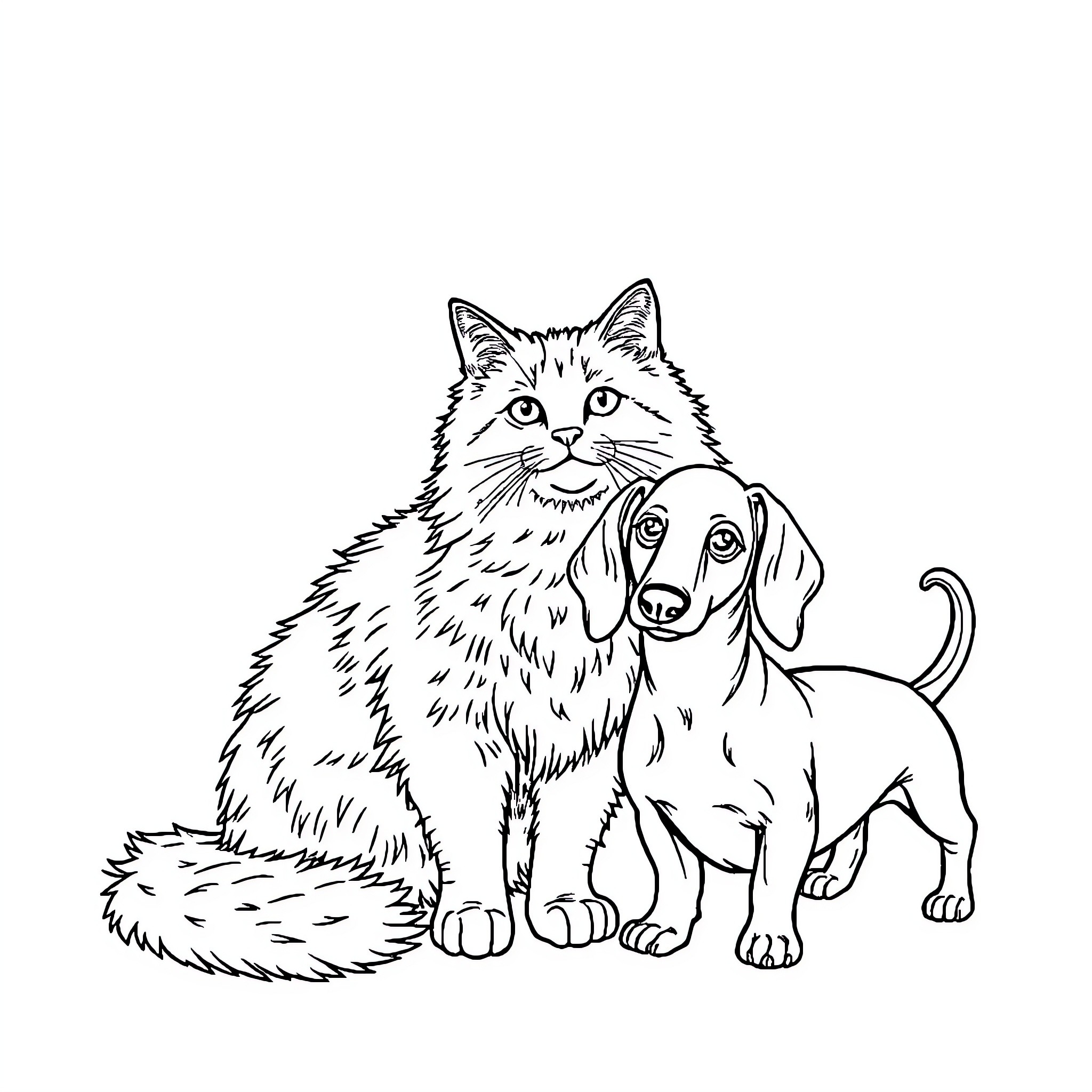 Cat and dog sitting together Coloring Page (free black-and-white line drawing printable PDF for all, from beginners to advanced learners, including children, teens, adults, and seniors)