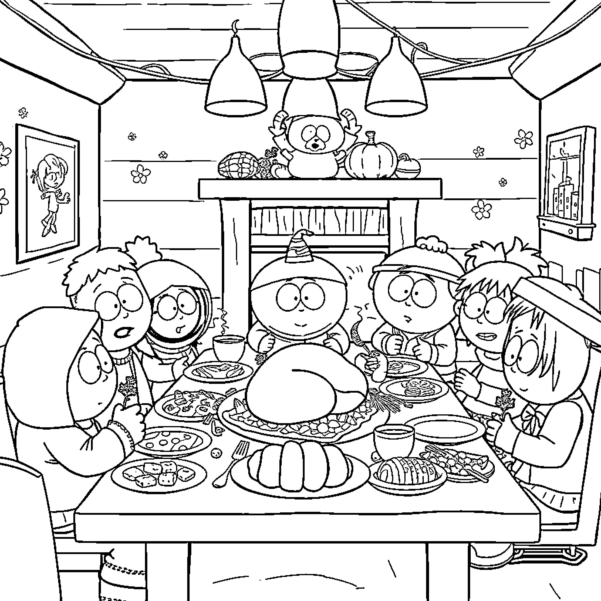 Southpark Characters Enjoying Thanksgiving Feast Coloring Page (free black-and-white line drawing printable PDF for all, from beginners to advanced learners, including children, teens, adults, and seniors)