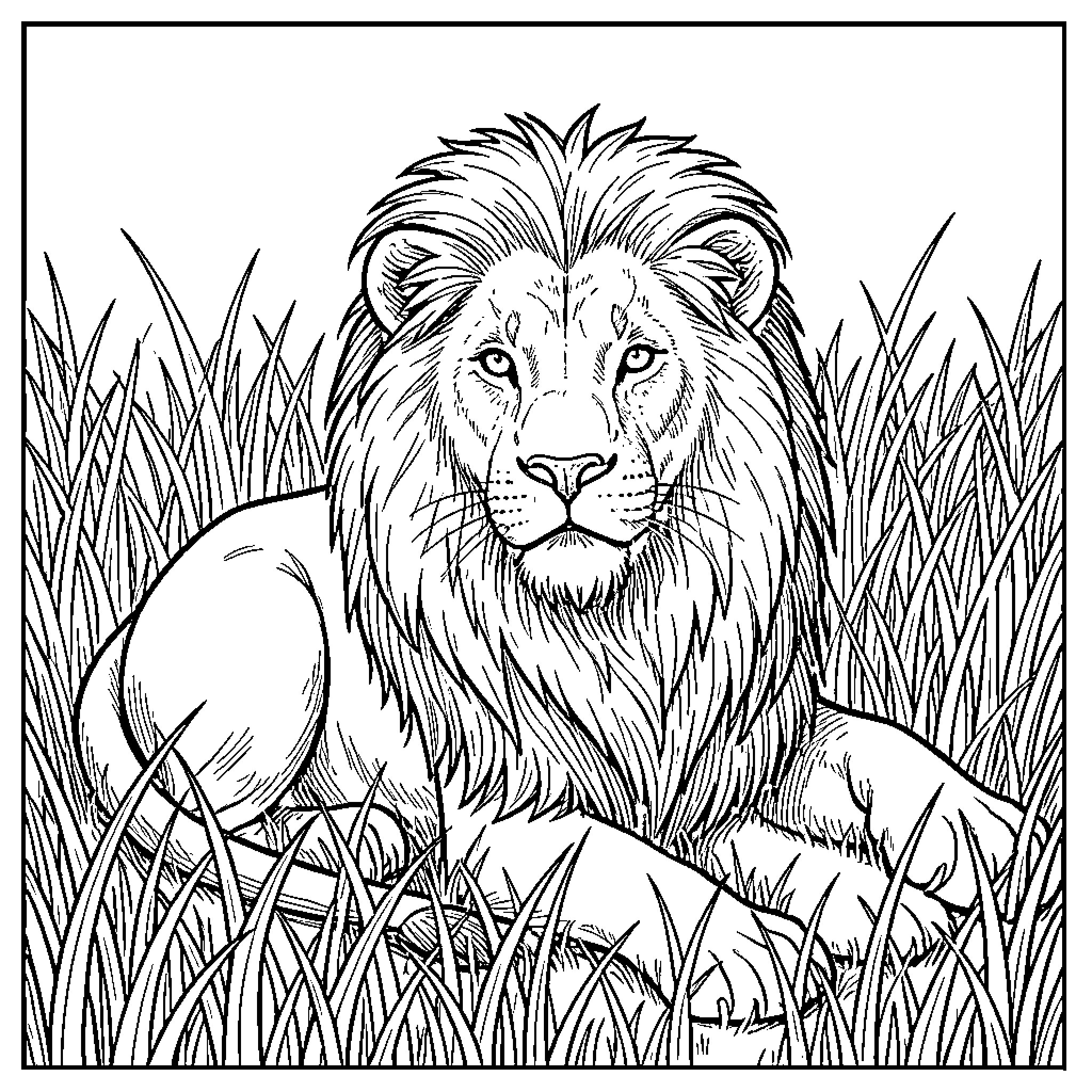 Lion resting majestically in tall grass Coloring Page (free black-and-white line drawing printable PDF for all, from beginners to advanced learners, including children, teens, adults, and seniors)