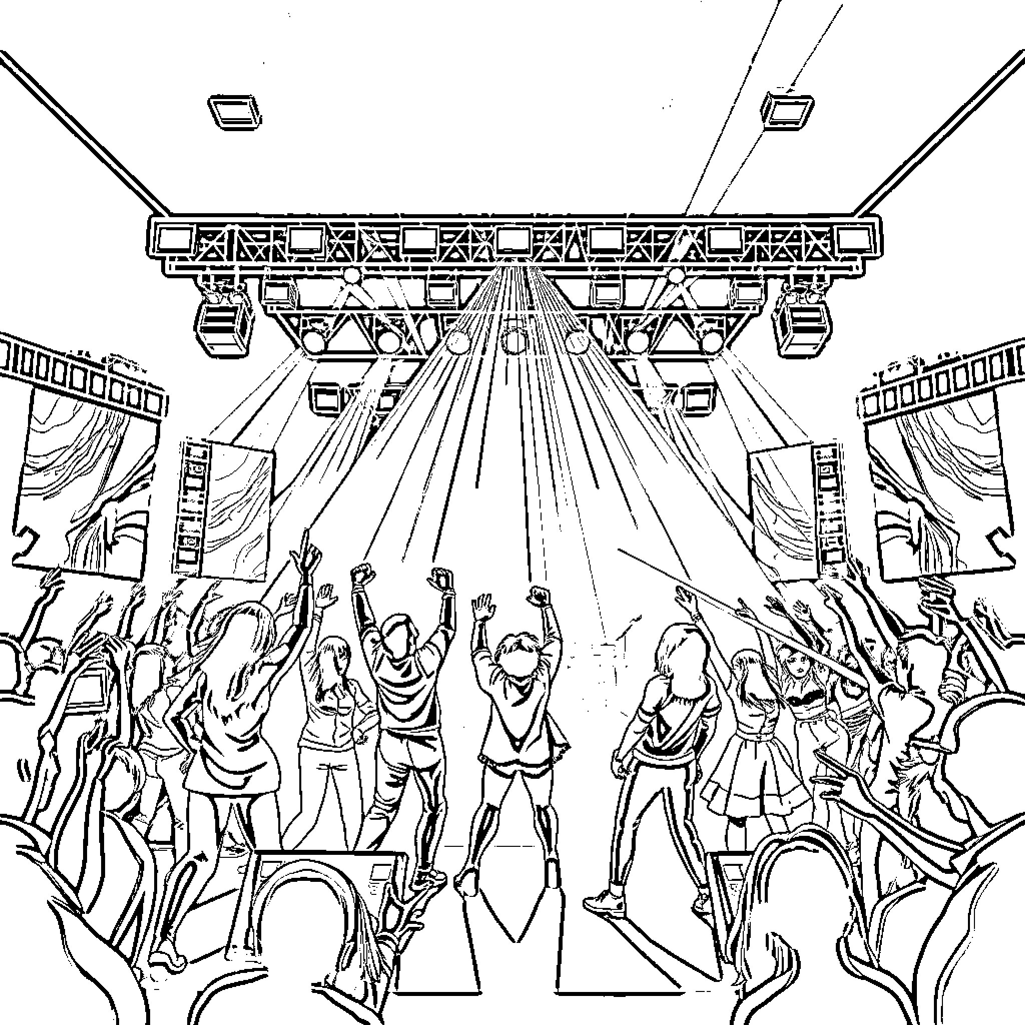 K Pop artists performing on a grand stage Coloring Page (free black-and-white line drawing printable PDF for all, from beginners to advanced learners, including children, teens, adults, and seniors)