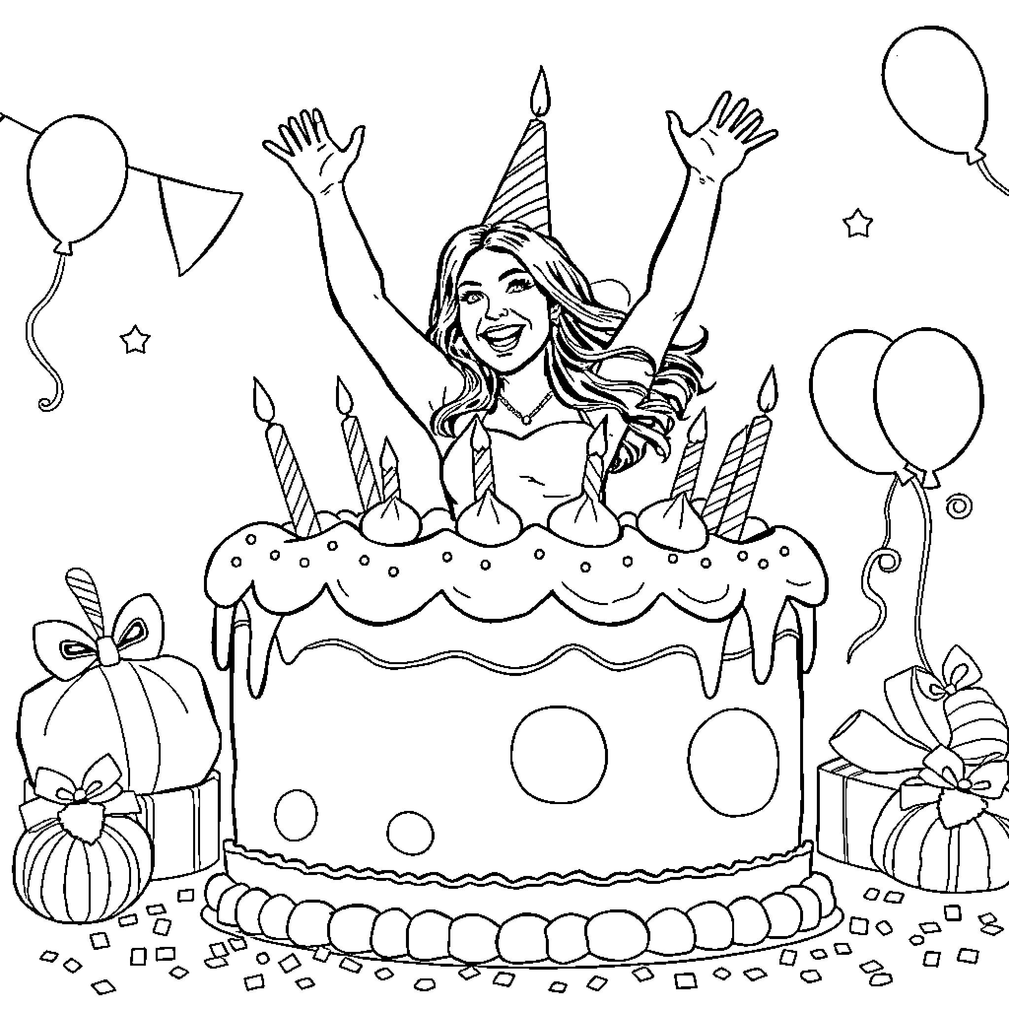 Miranda Cosgrove celebrating birthday with a cake and balloons Coloring Page (free black-and-white line drawing printable PDF for all, from beginners to advanced learners, including children, teens, adults, and seniors)