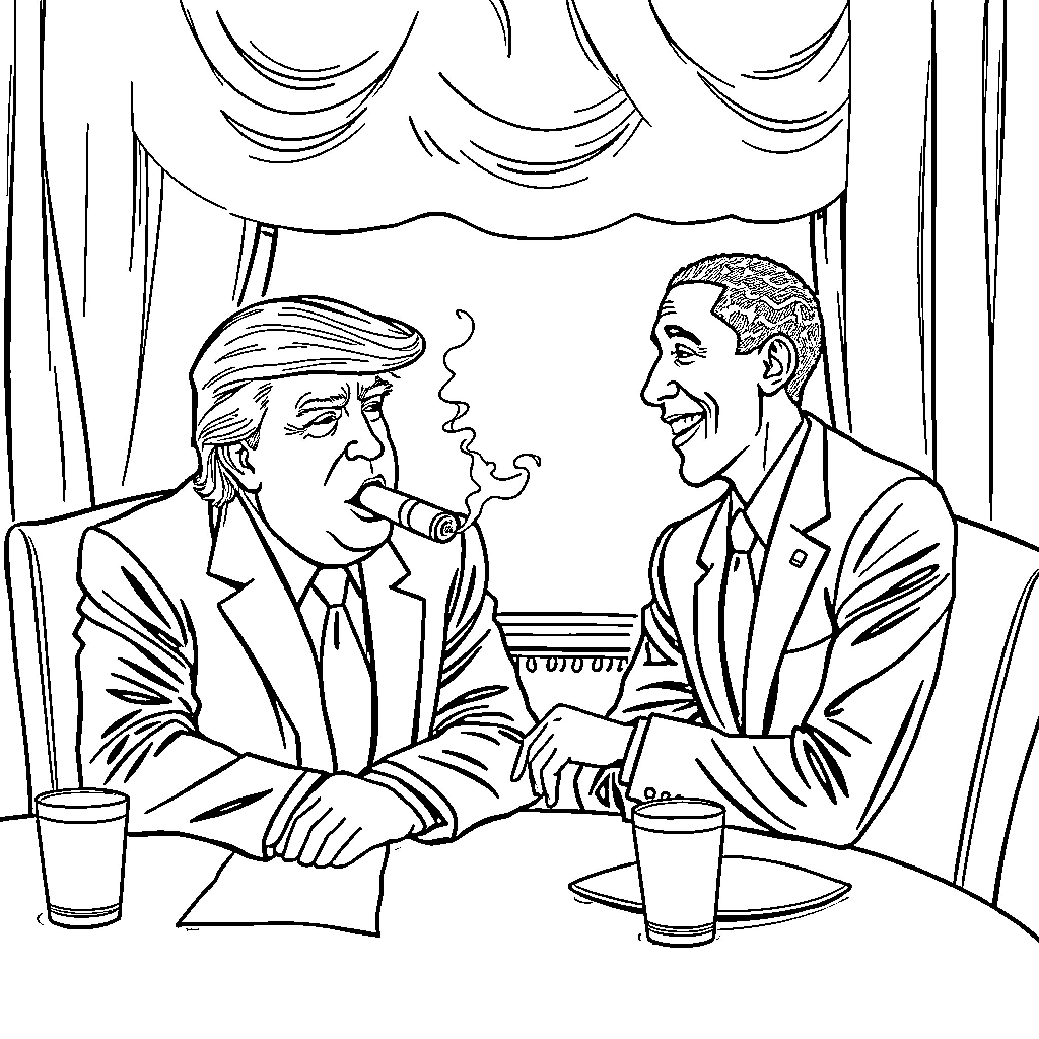 Donald Trump and Barack Obama in discussion Coloring Page (free black-and-white line drawing printable PDF for all, from beginners to advanced learners, including children, teens, adults, and seniors)