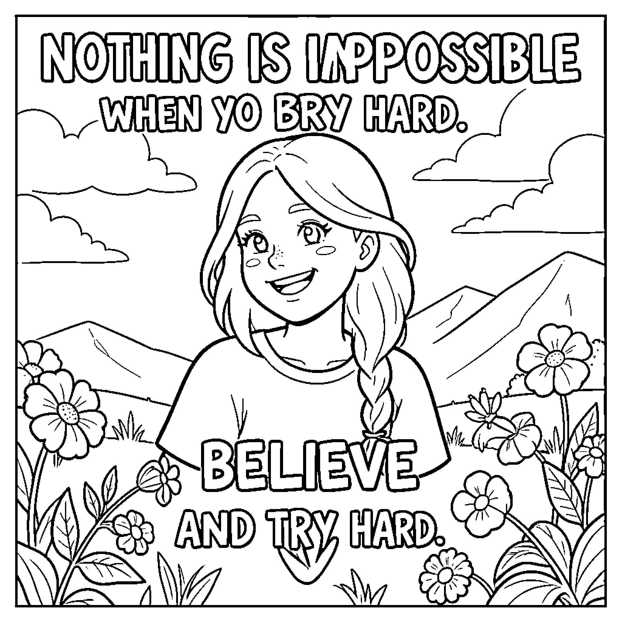Nothing but a smiling girl surrounded by flowers Coloring Page (free black-and-white line drawing printable PDF for all, from beginners to advanced learners, including children, teens, adults, and seniors)